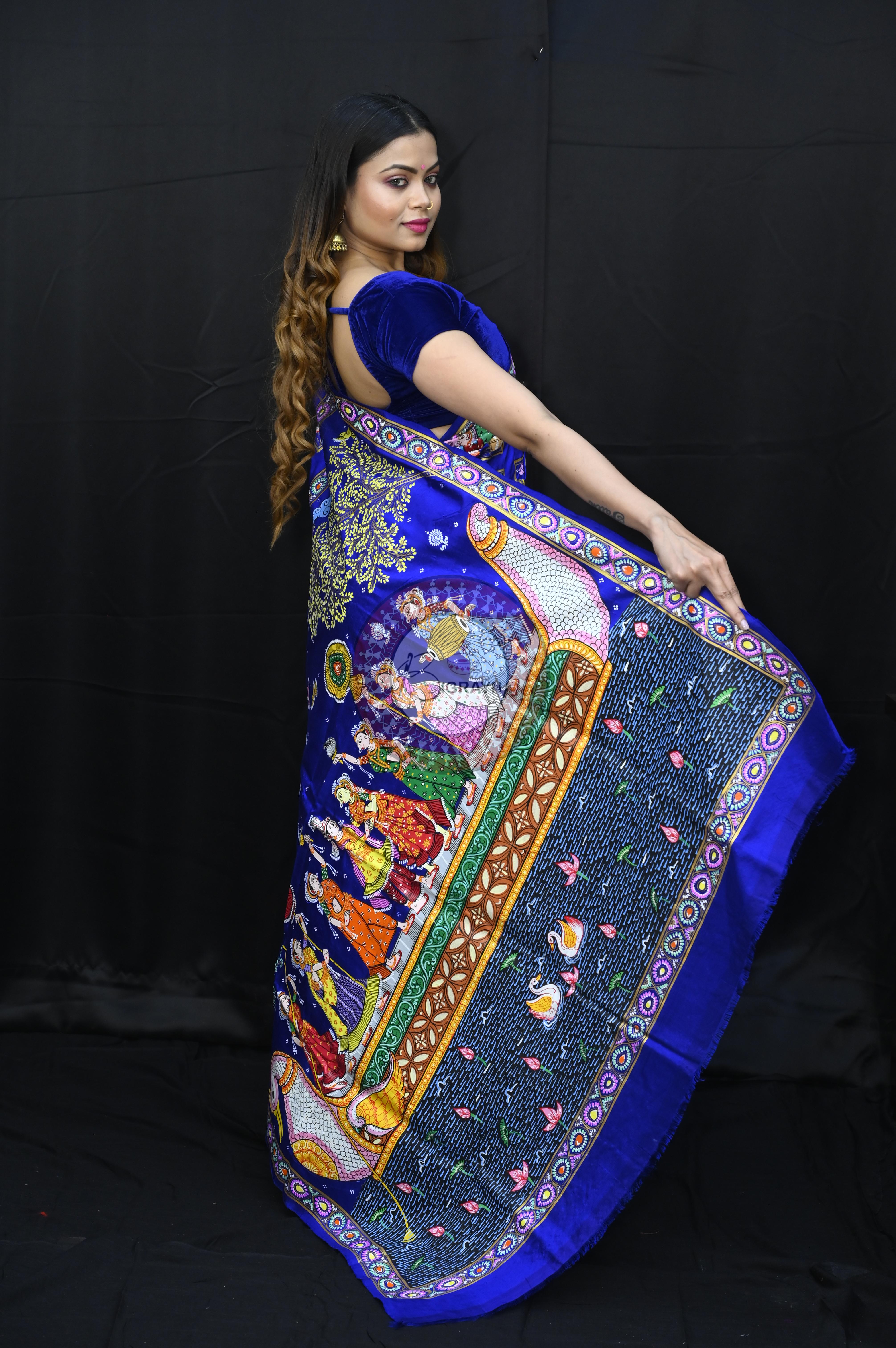 Blue Small Box Boita Theme Pattachitra Sambalpuri Silk Saree