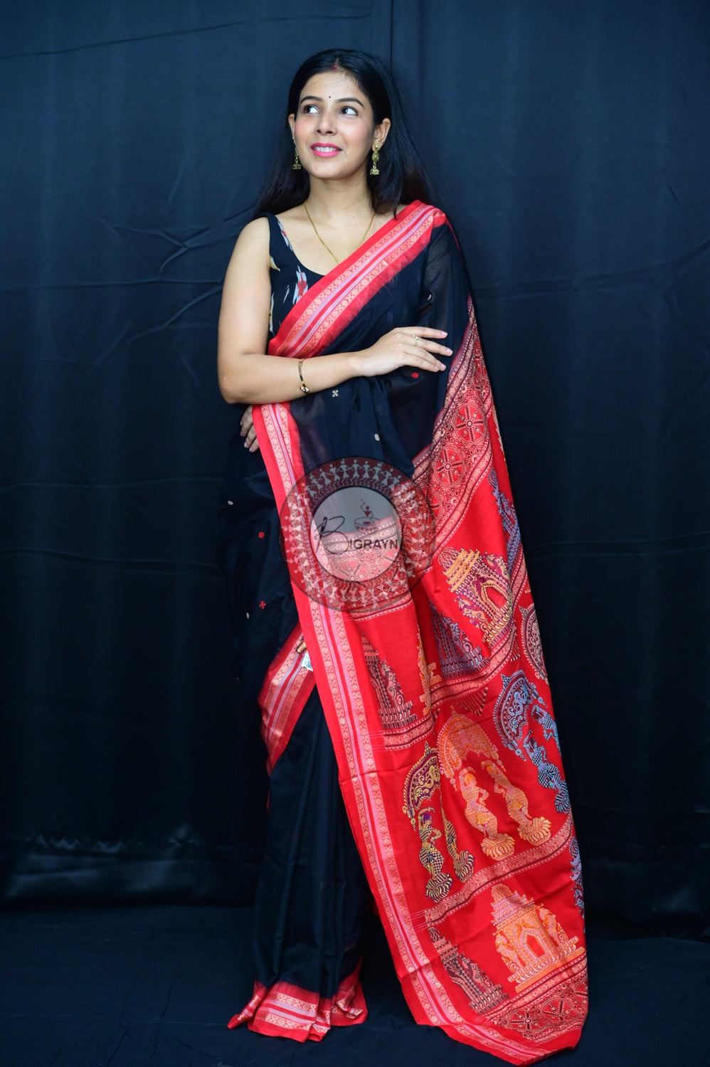 Black Red Konark Jaala Sambalpuri Cotton Saree