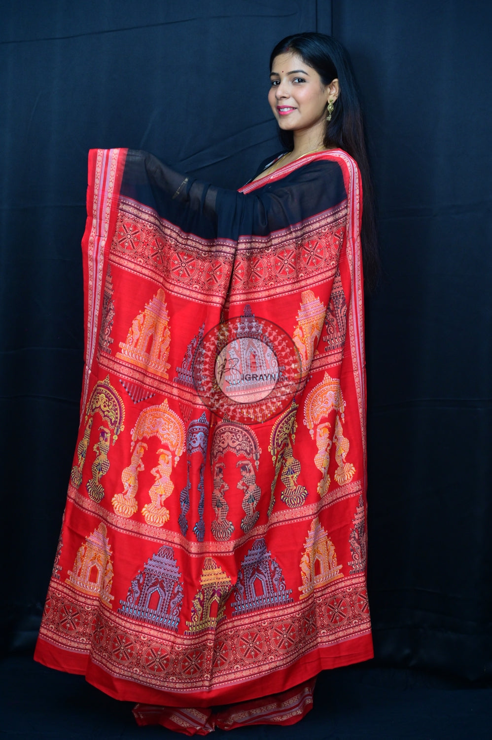Black Red Konark Jaala Sambalpuri Cotton Saree
