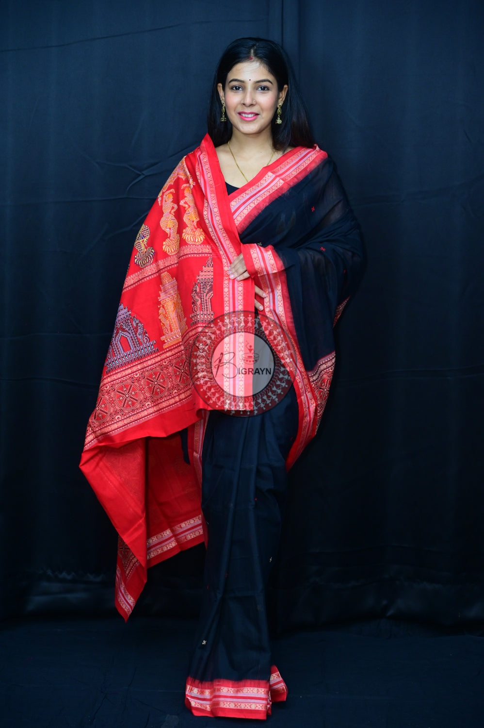 Black Red Konark Jaala Sambalpuri Cotton Saree