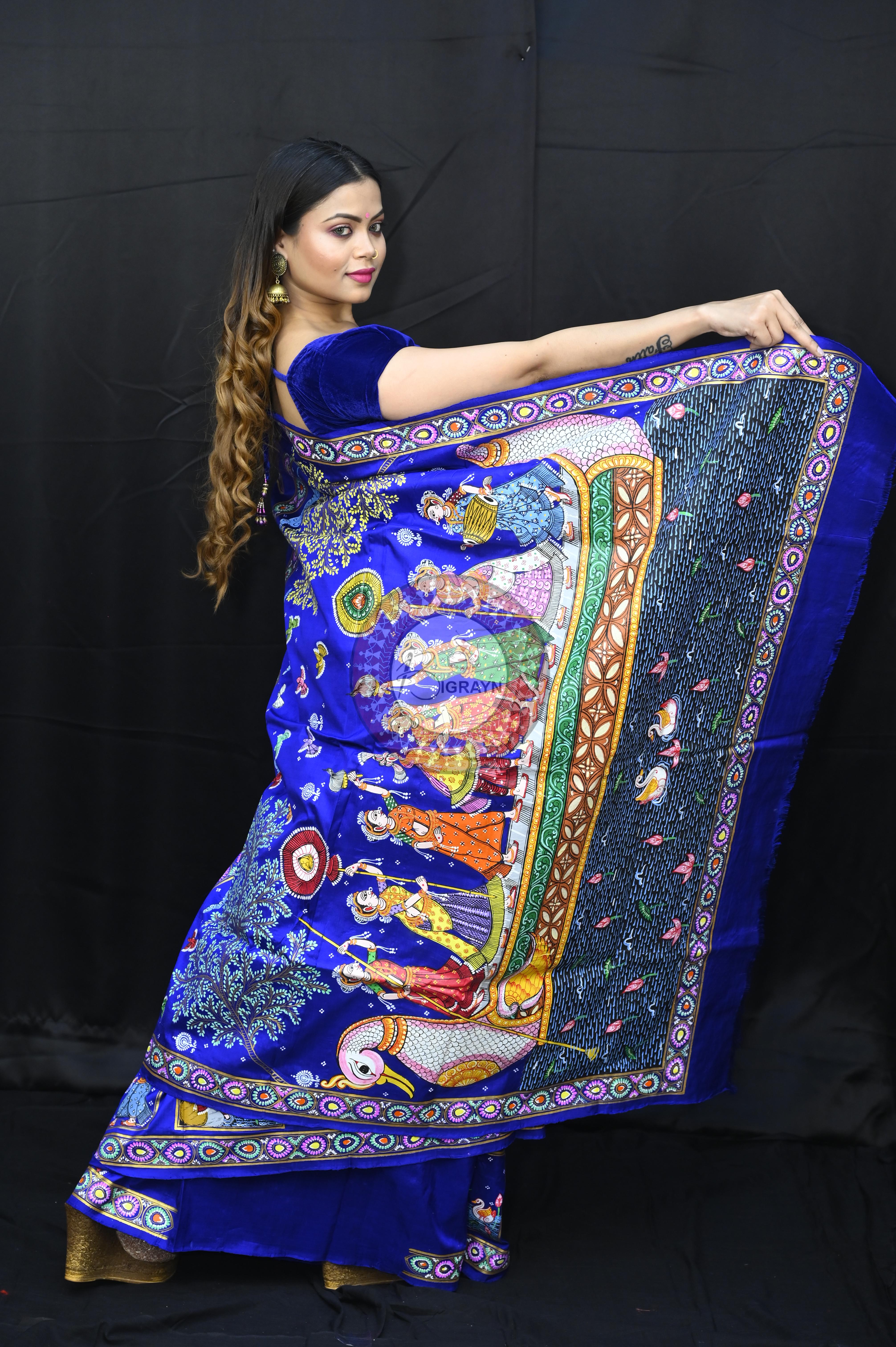 Blue Small Box Boita Theme Pattachitra Sambalpuri Silk Saree