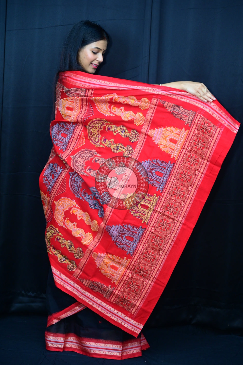 Black Red Konark Jaala Sambalpuri Cotton Saree
