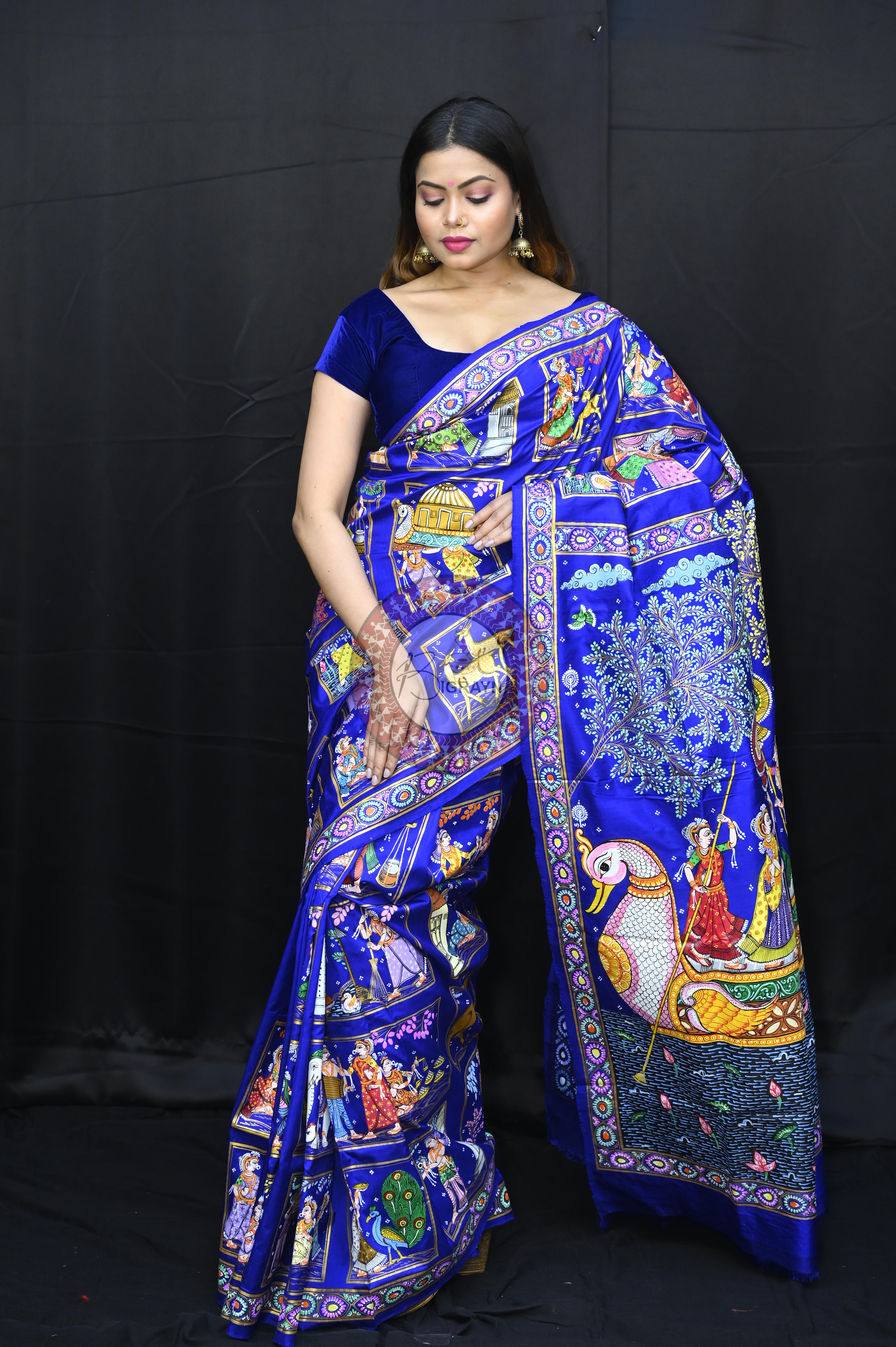 Blue Small Box Boita Theme Pattachitra Sambalpuri Silk Saree