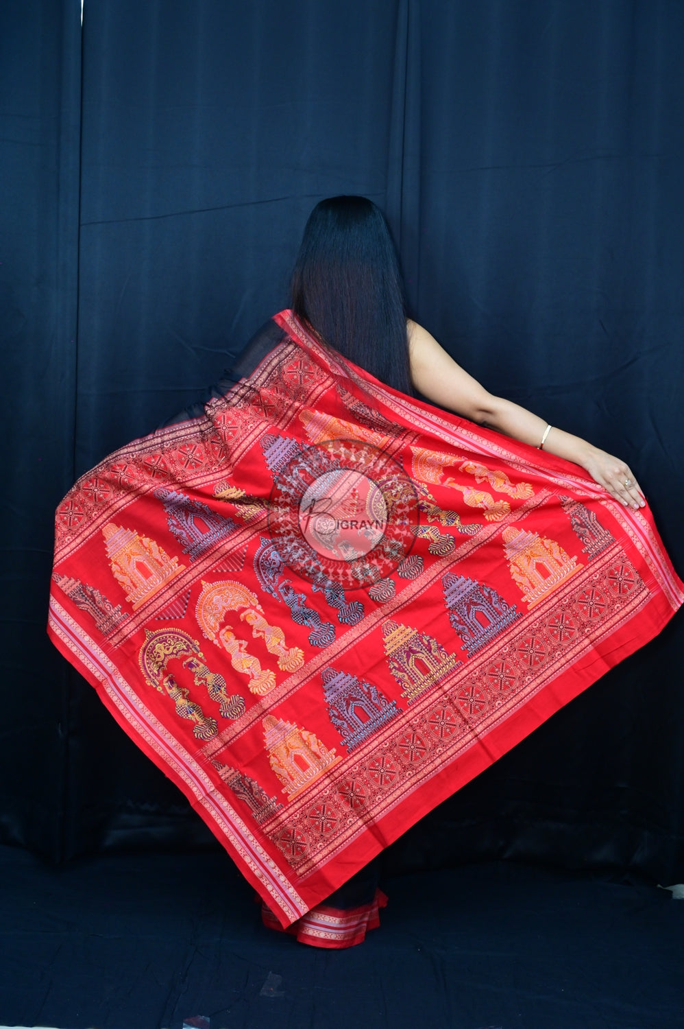 Black Red Konark Jaala Sambalpuri Cotton Saree