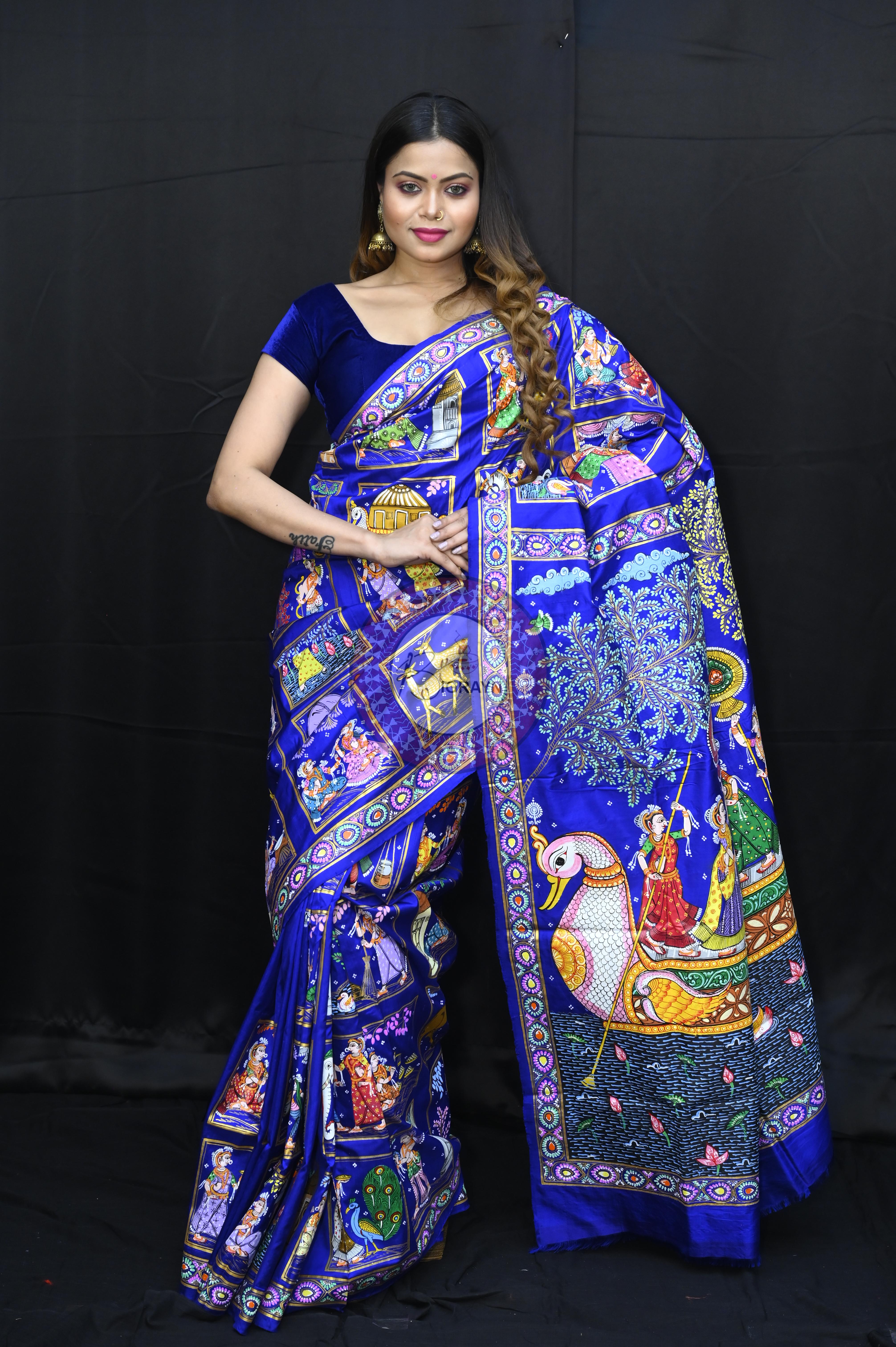 Blue Small Box Boita Theme Pattachitra Sambalpuri Silk Saree