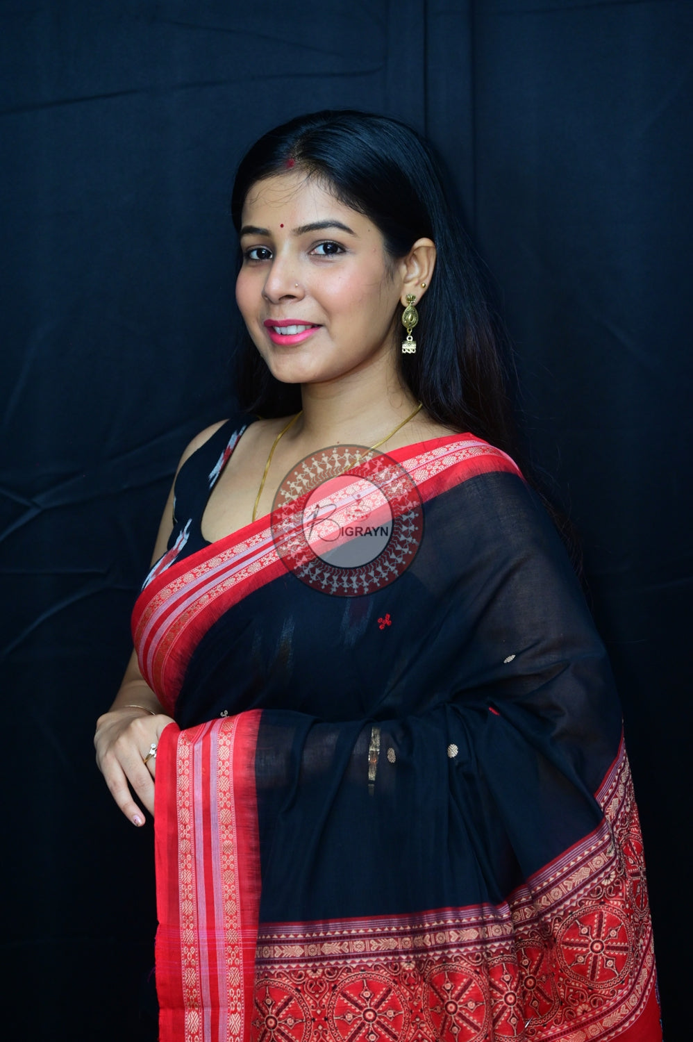 Black Red Konark Jaala Sambalpuri Cotton Saree