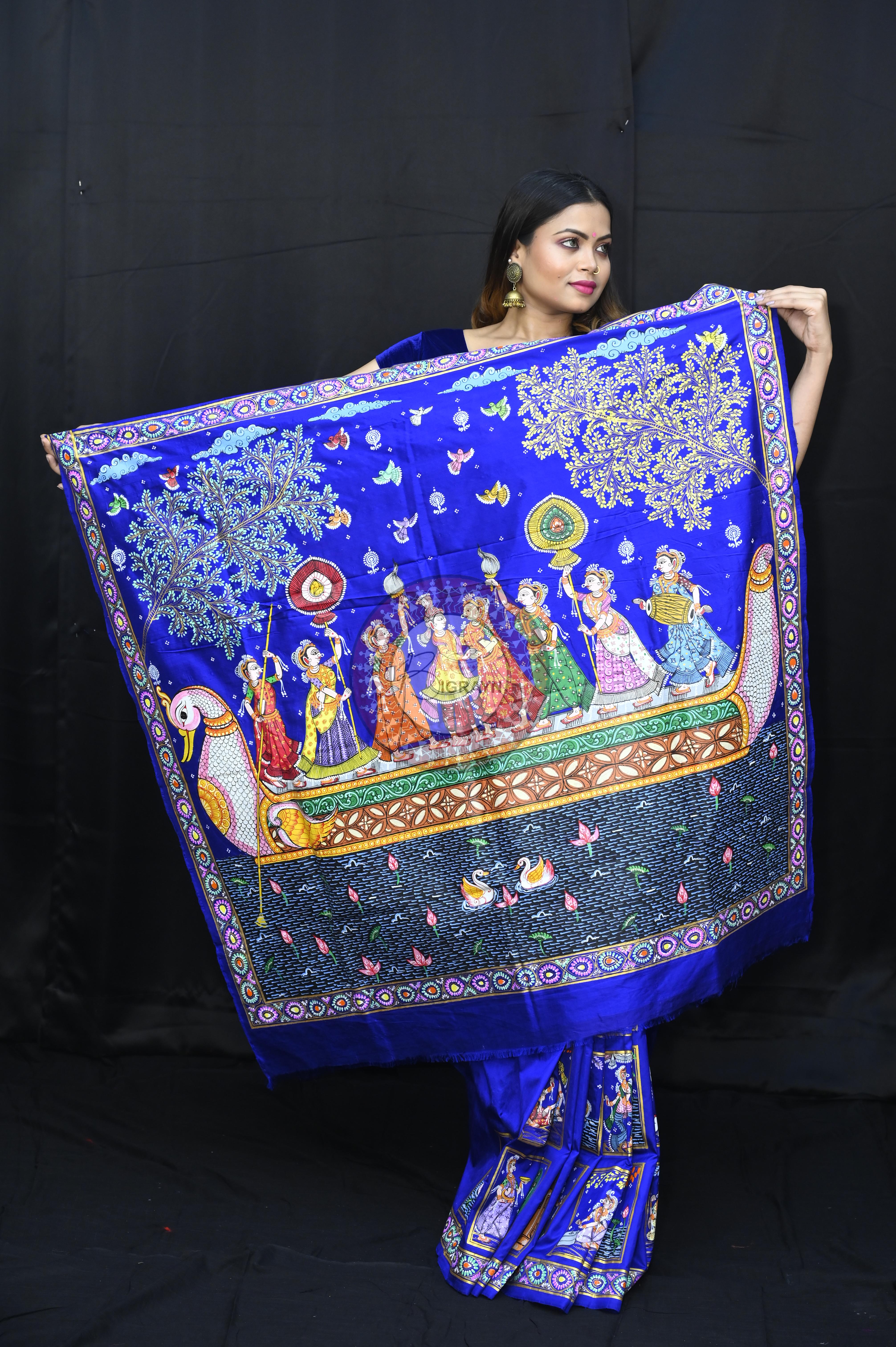 Blue Small Box Boita Theme Pattachitra Sambalpuri Silk Saree