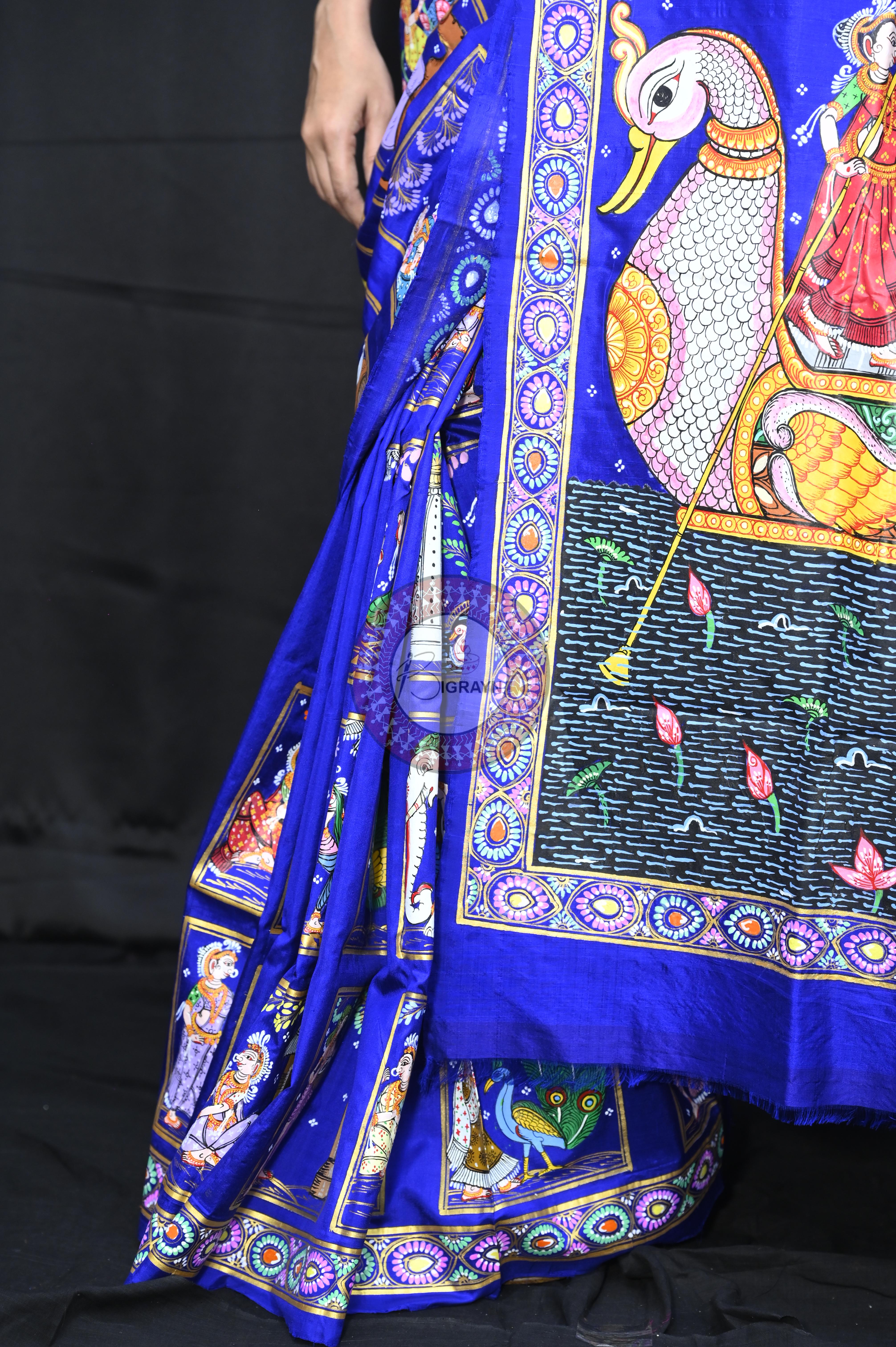 Blue Small Box Boita Theme Pattachitra Sambalpuri Silk Saree