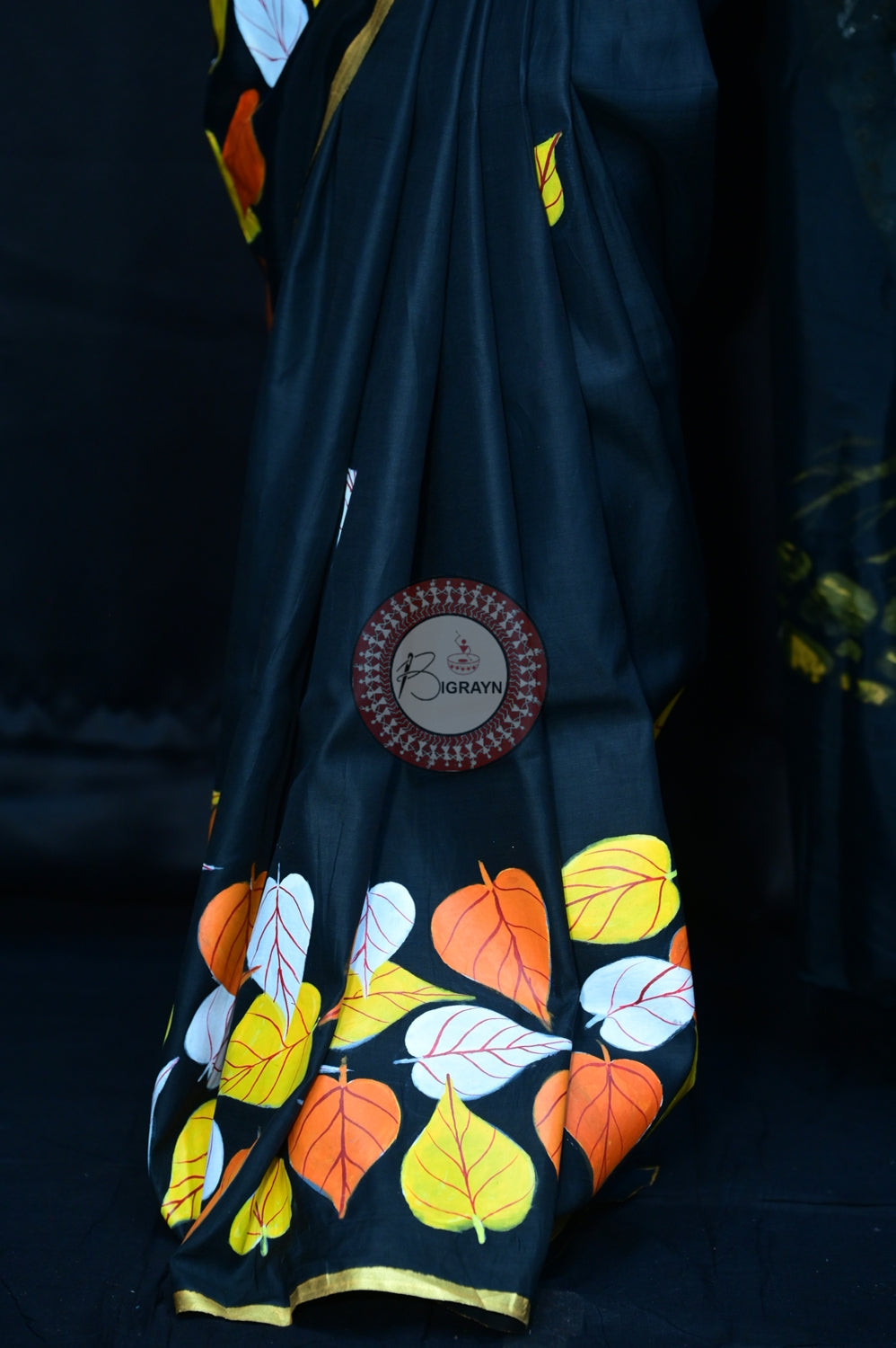 Black Buddha Theme Pattachitra Silk Saree