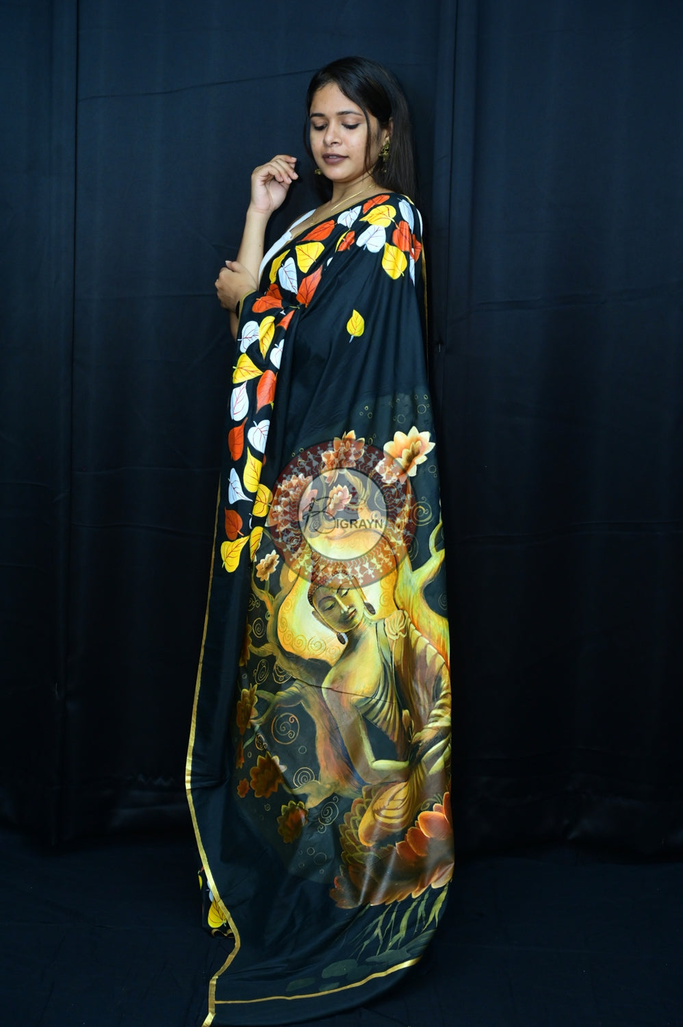 Black Buddha Theme Pattachitra Silk Saree