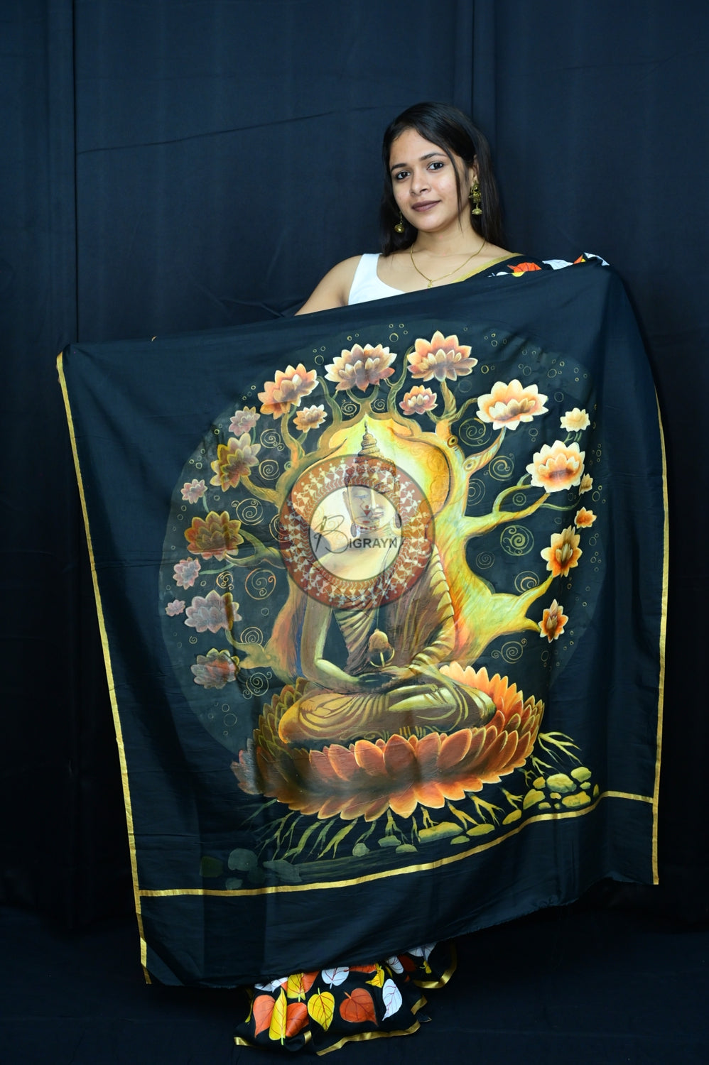 Black Buddha Theme Pattachitra Silk Saree