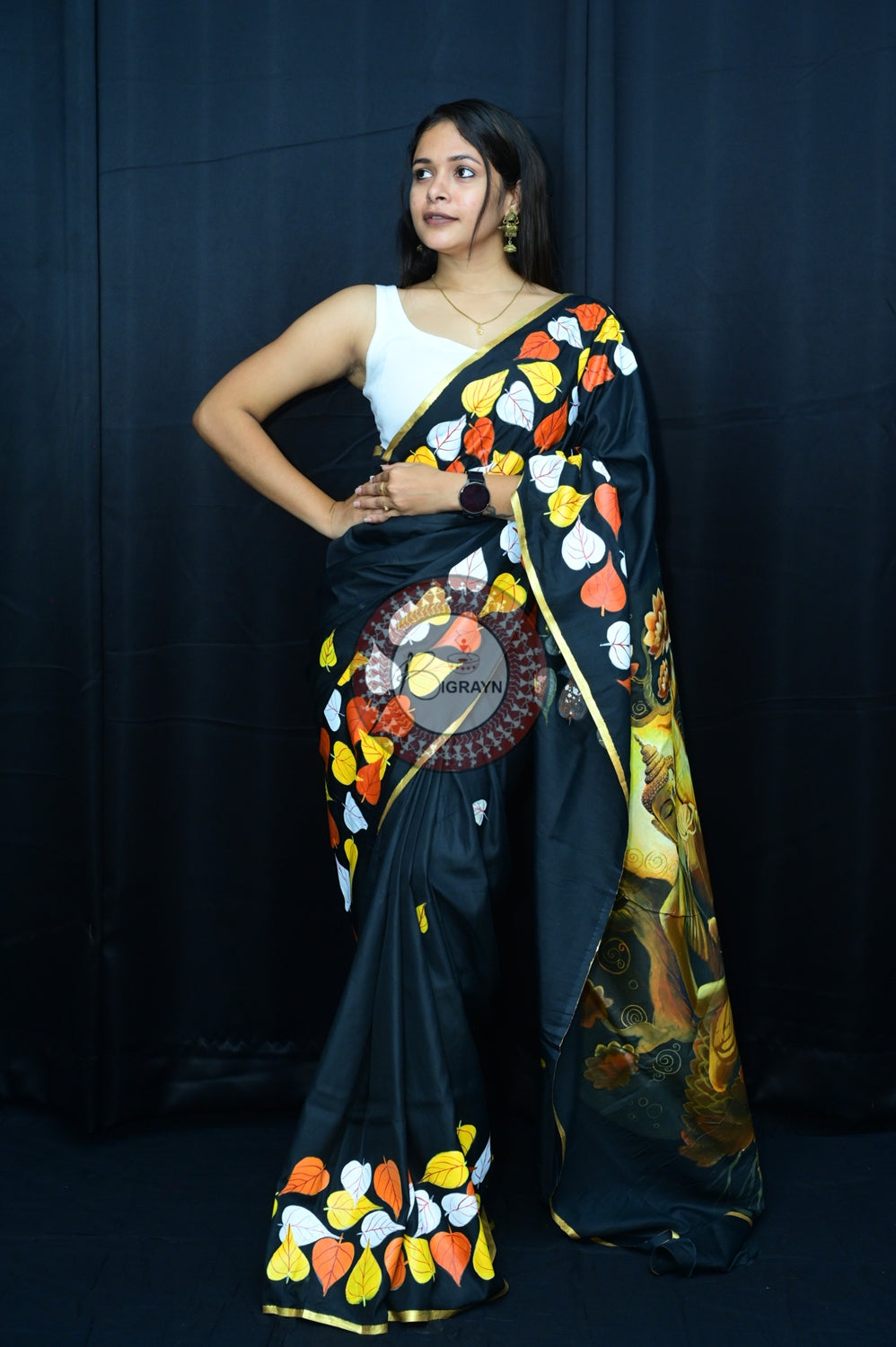 Black Buddha Theme Pattachitra Silk Saree