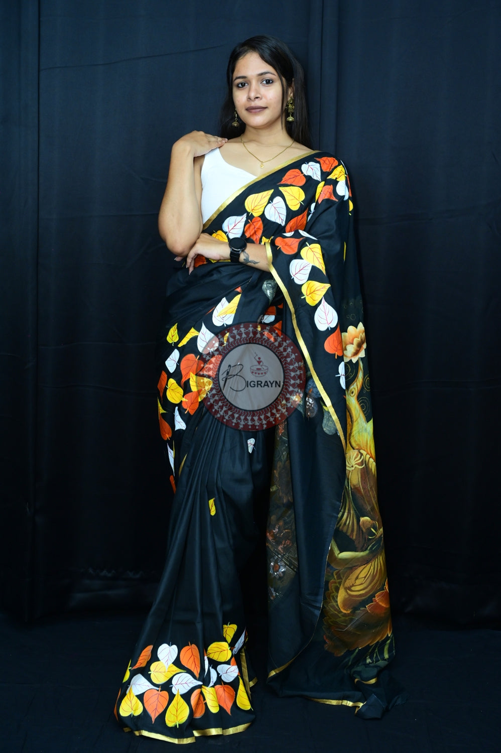 Black Buddha Theme Pattachitra Silk Saree
