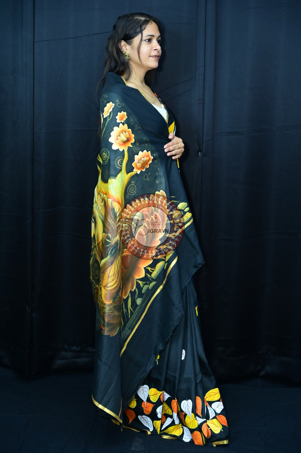 Black Buddha Theme Pattachitra Silk Saree