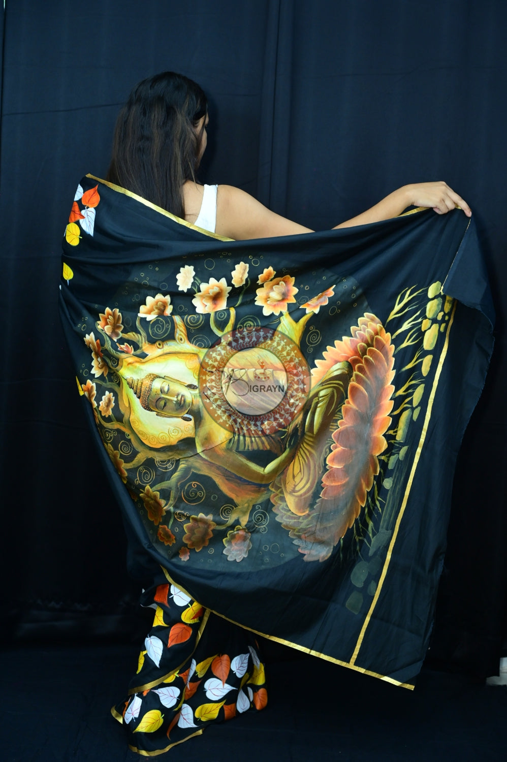 Black Buddha Theme Pattachitra Silk Saree