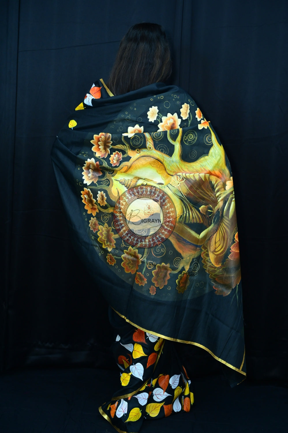 Black Buddha Theme Pattachitra Silk Saree