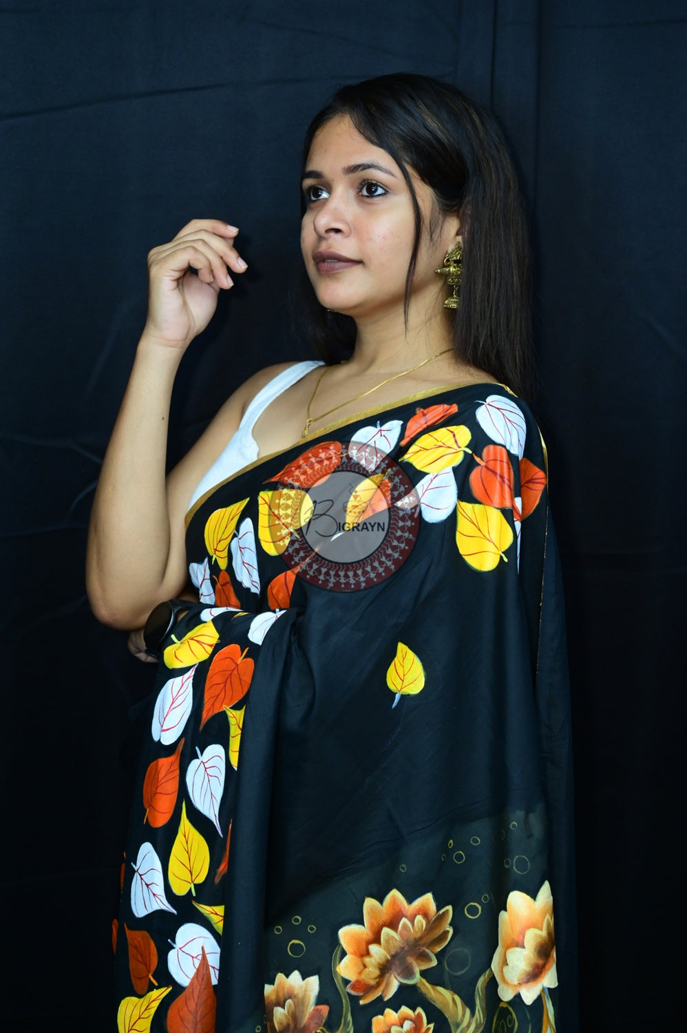 Black Buddha Theme Pattachitra Silk Saree