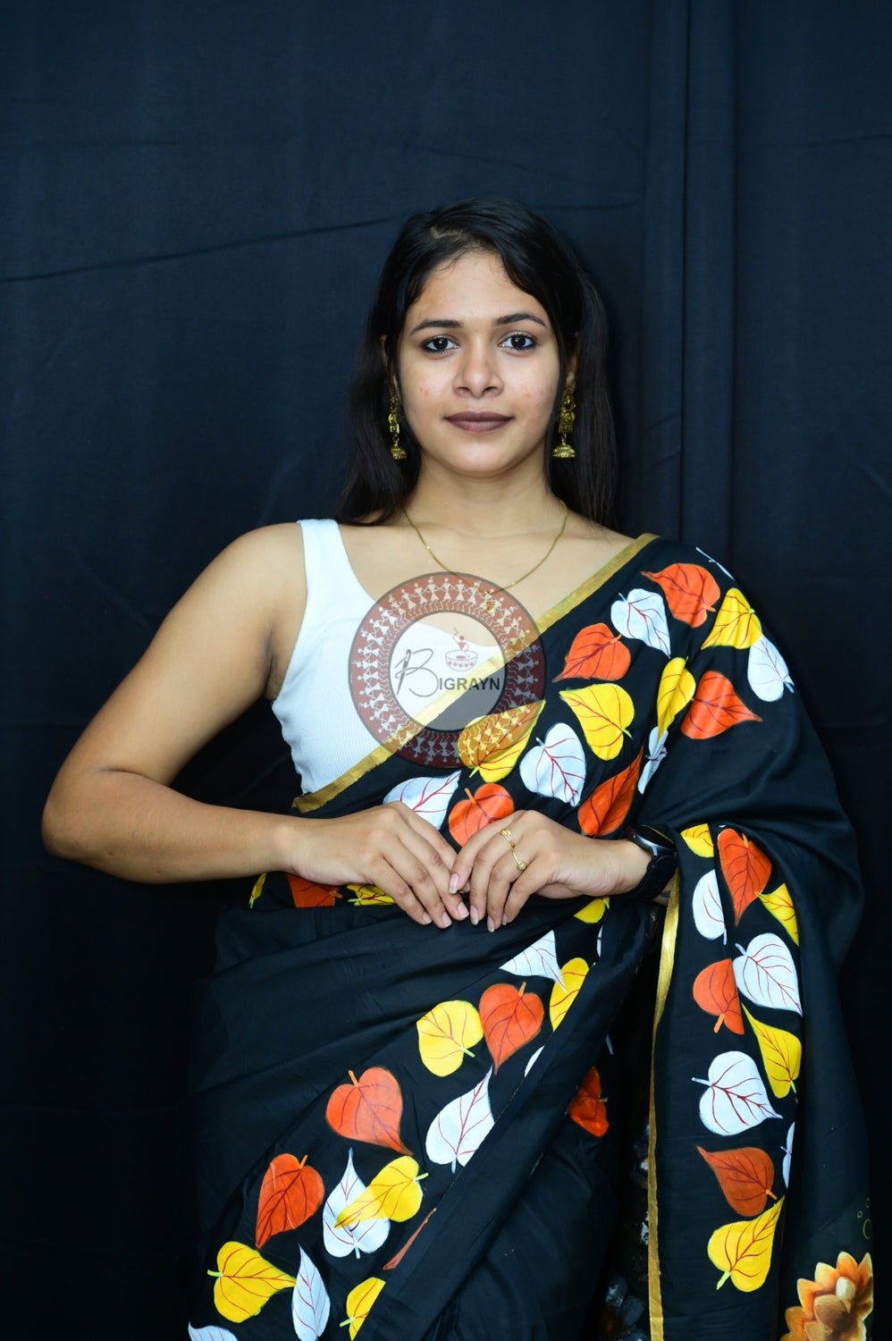 Black Buddha Theme Pattachitra Silk Saree