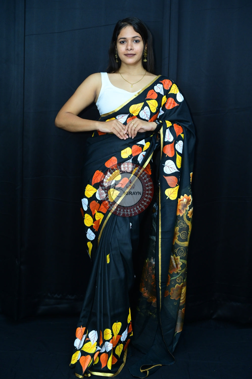 Black Buddha Theme Pattachitra Silk Saree