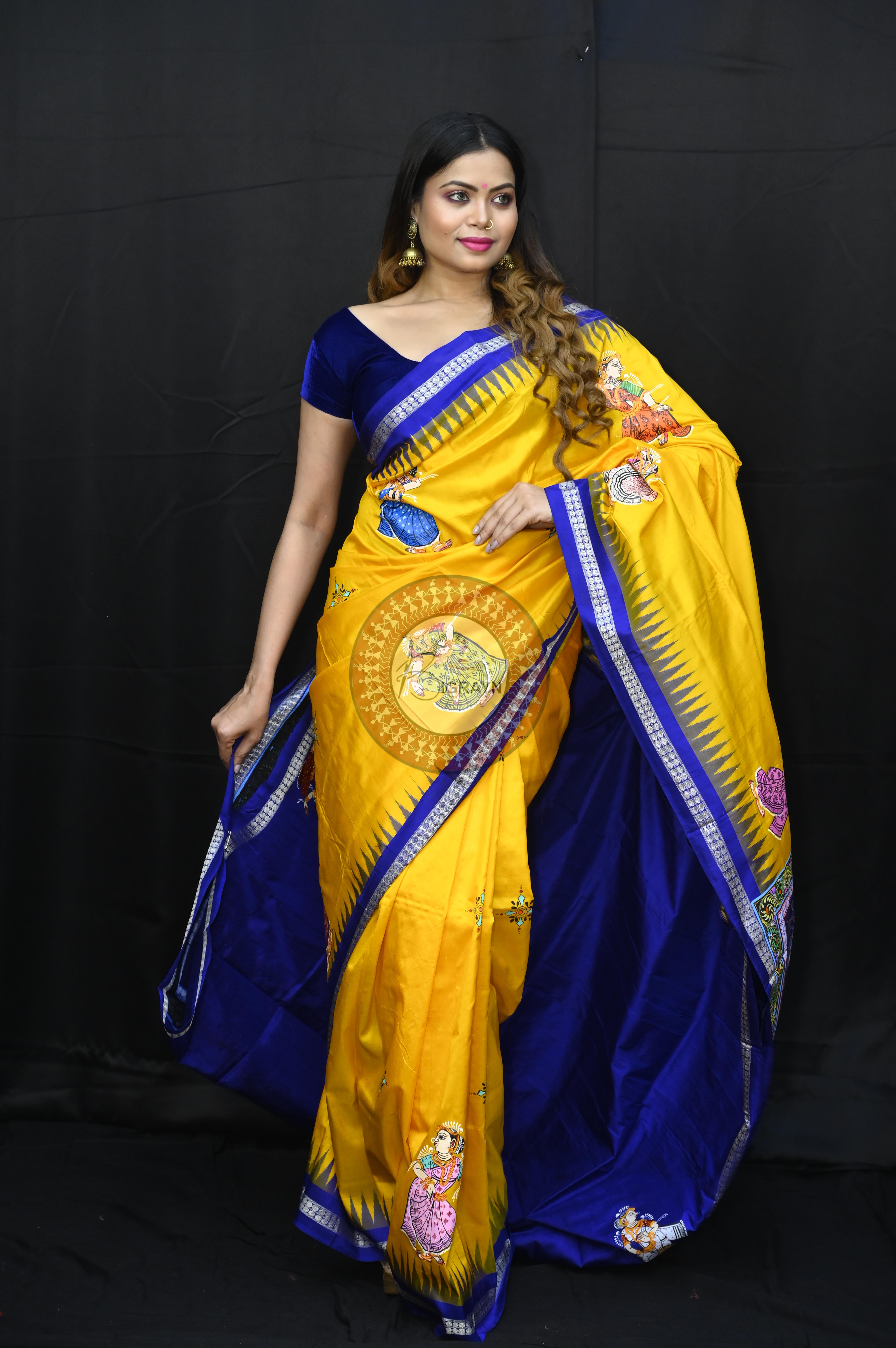 Yellow Blue Ramayana Story Theme Pattachitra Sambalpuri Silk Saree