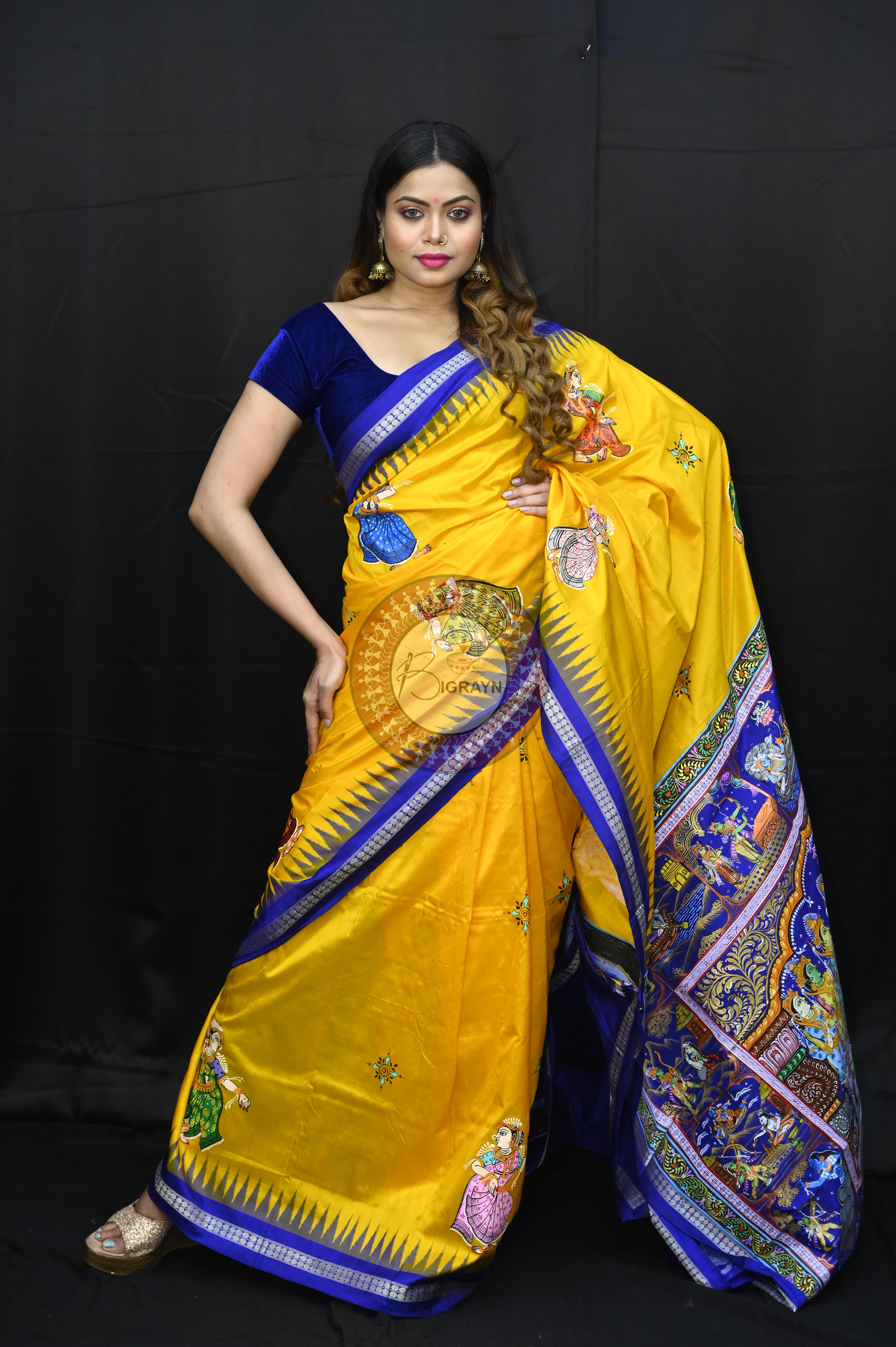 Yellow Blue Ramayana Story Theme Pattachitra Sambalpuri Silk Saree