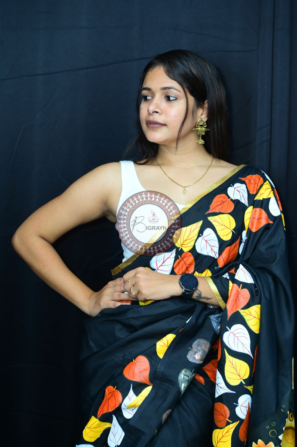 Black Buddha Theme Pattachitra Silk Saree