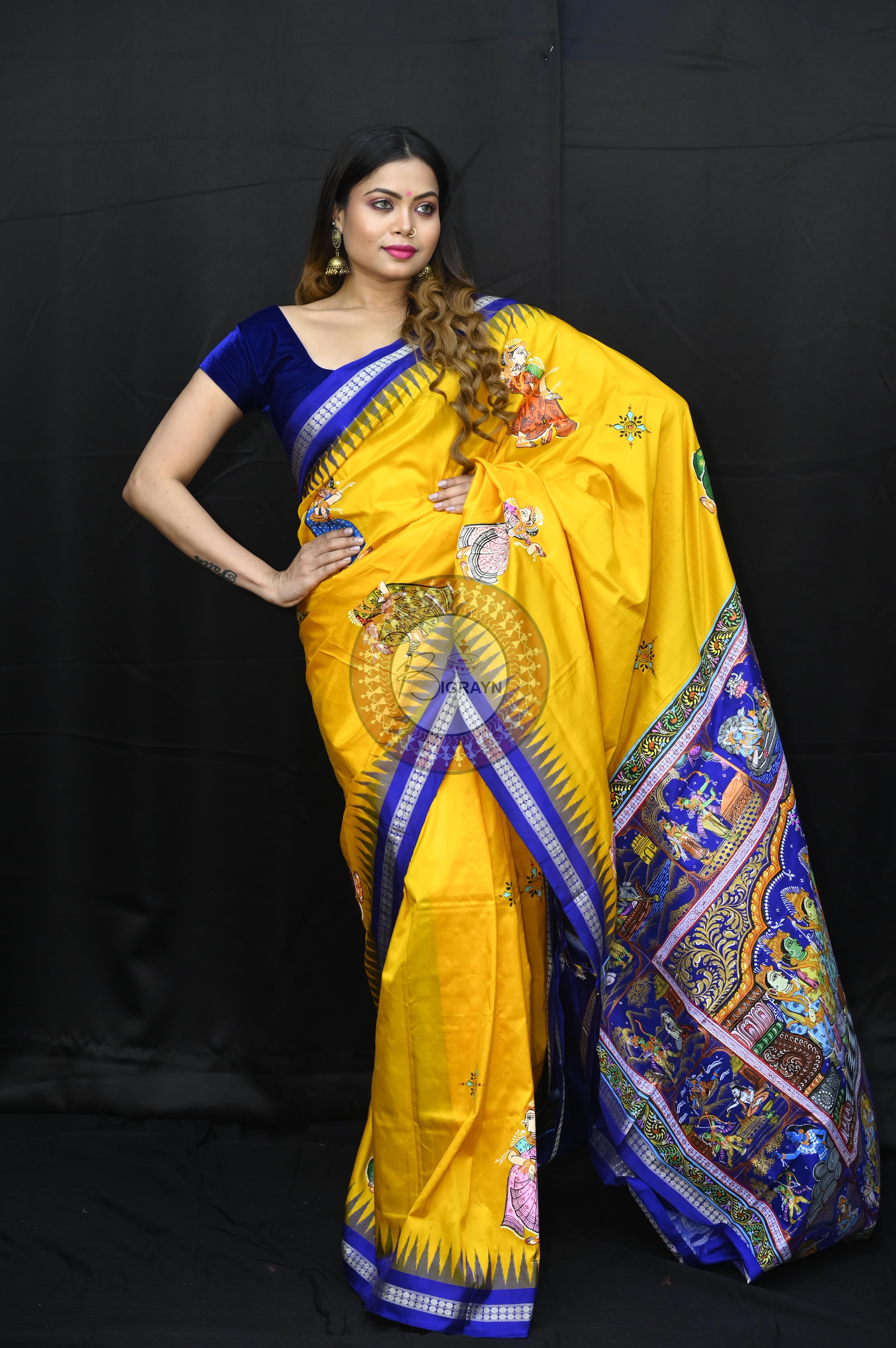Yellow Blue Ramayana Story Theme Pattachitra Sambalpuri Silk Saree