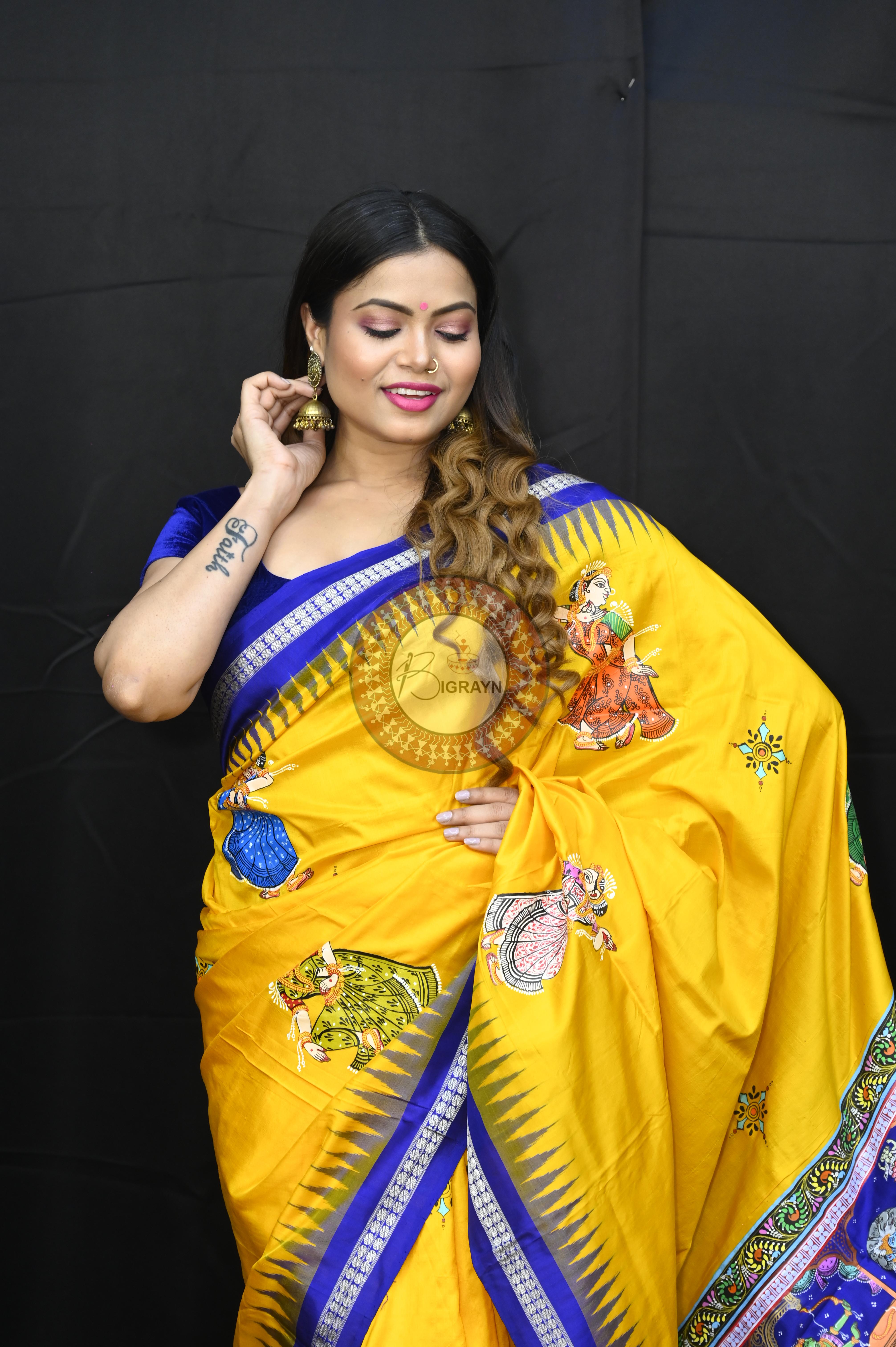 Yellow Blue Ramayana Story Theme Pattachitra Sambalpuri Silk Saree