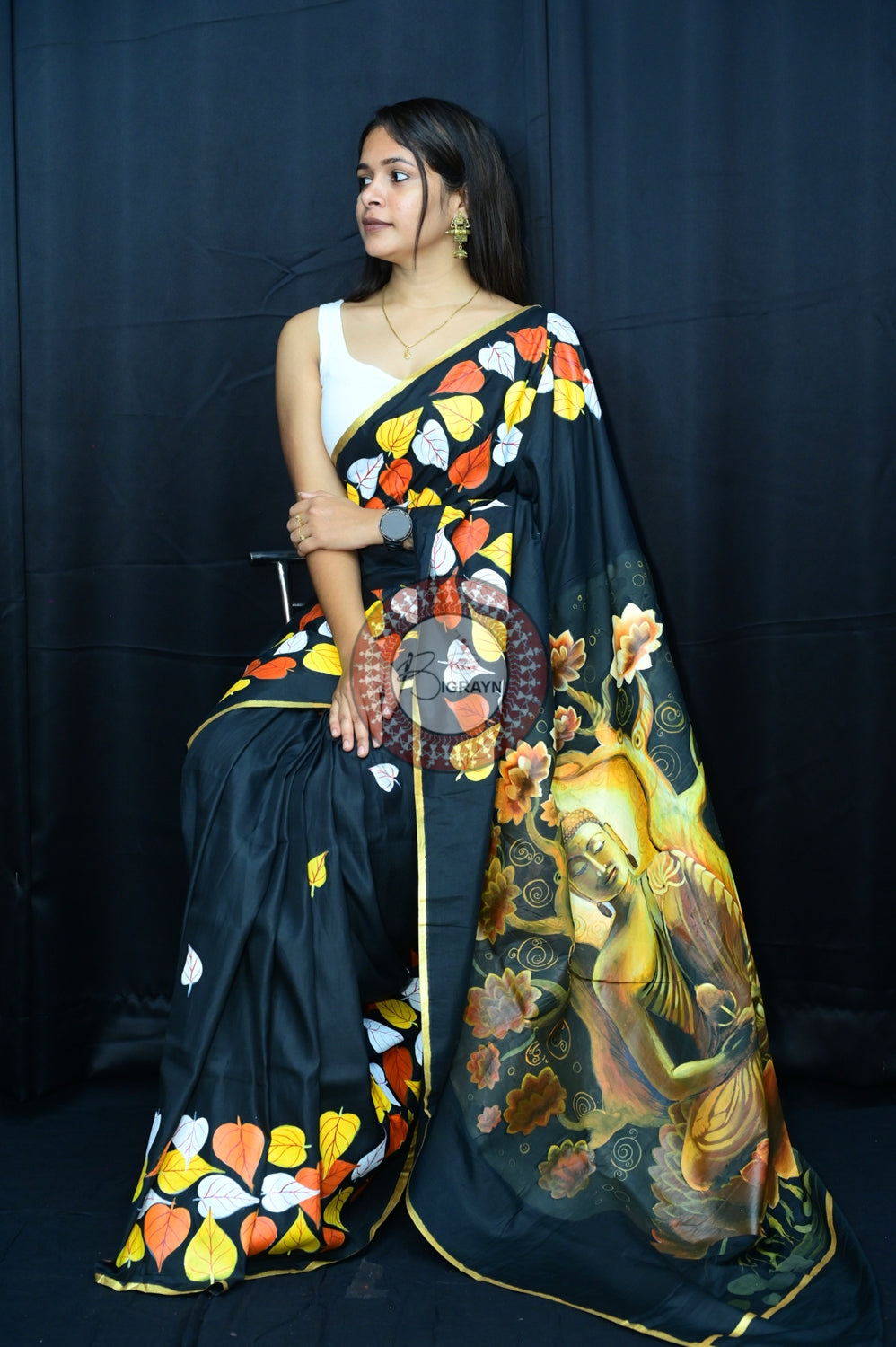 Black Buddha Theme Pattachitra Silk Saree