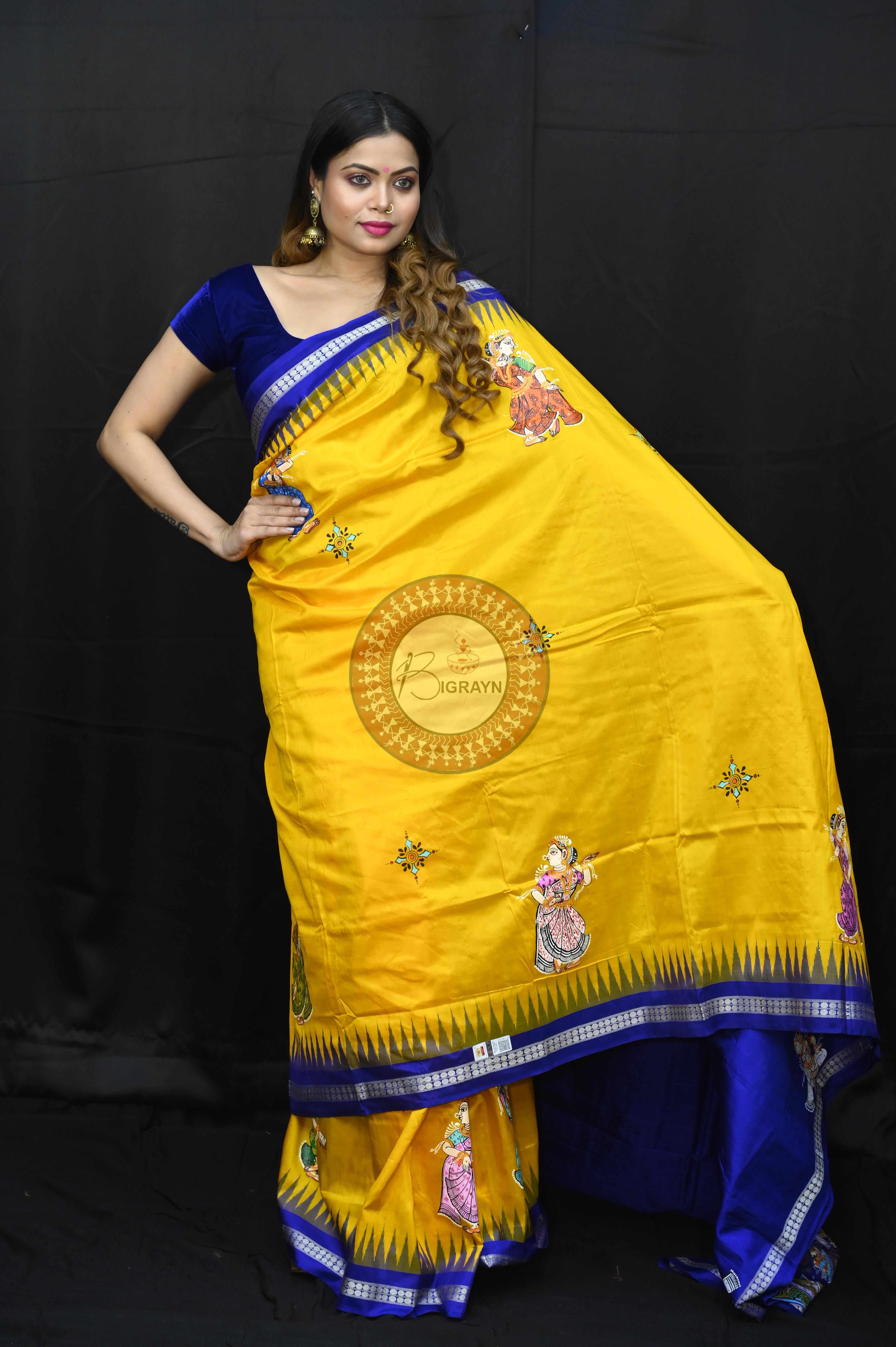 Yellow Blue Ramayana Story Theme Pattachitra Sambalpuri Silk Saree