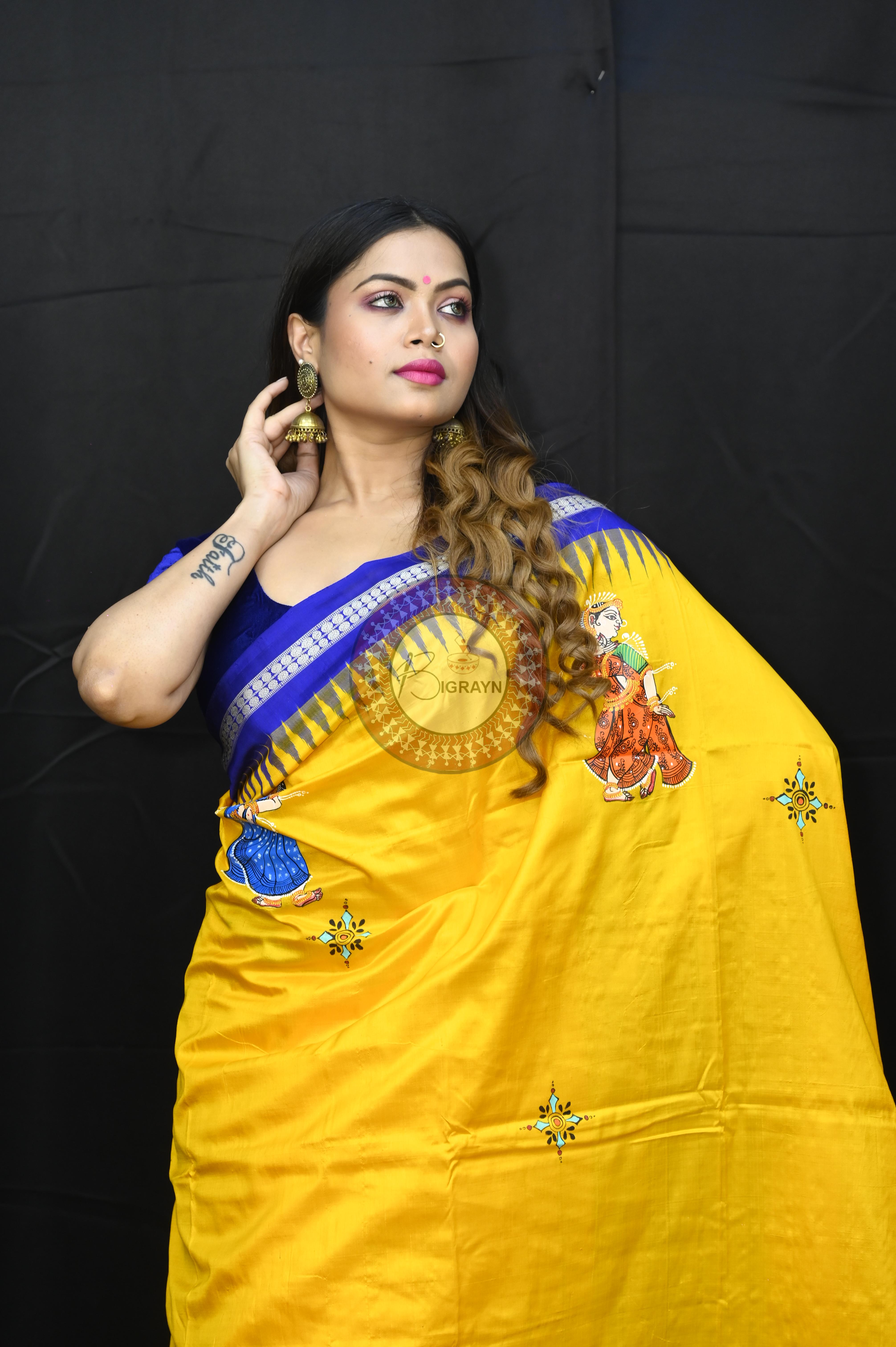 Yellow Blue Ramayana Story Theme Pattachitra Sambalpuri Silk Saree