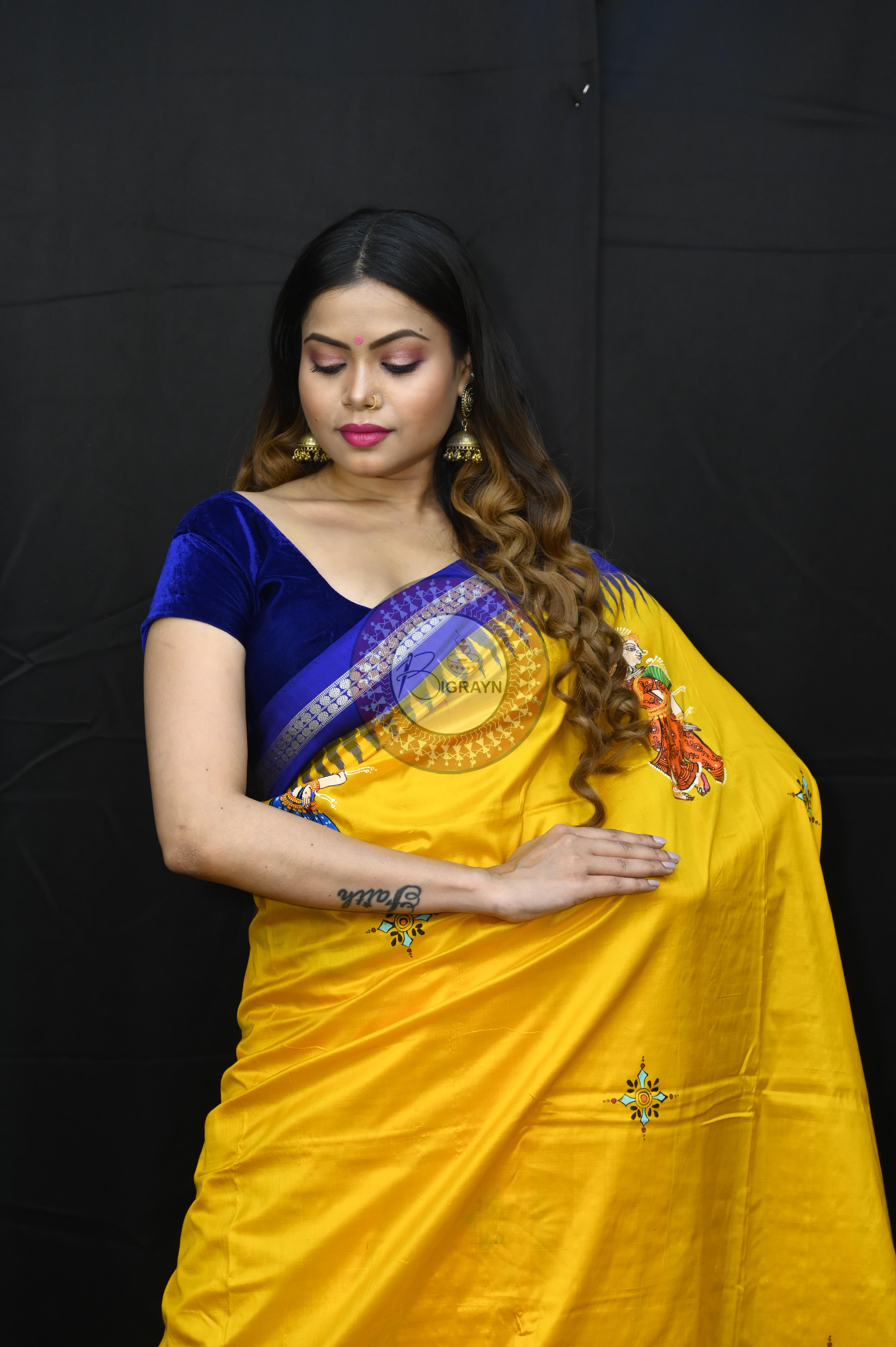 Yellow Blue Ramayana Story Theme Pattachitra Sambalpuri Silk Saree