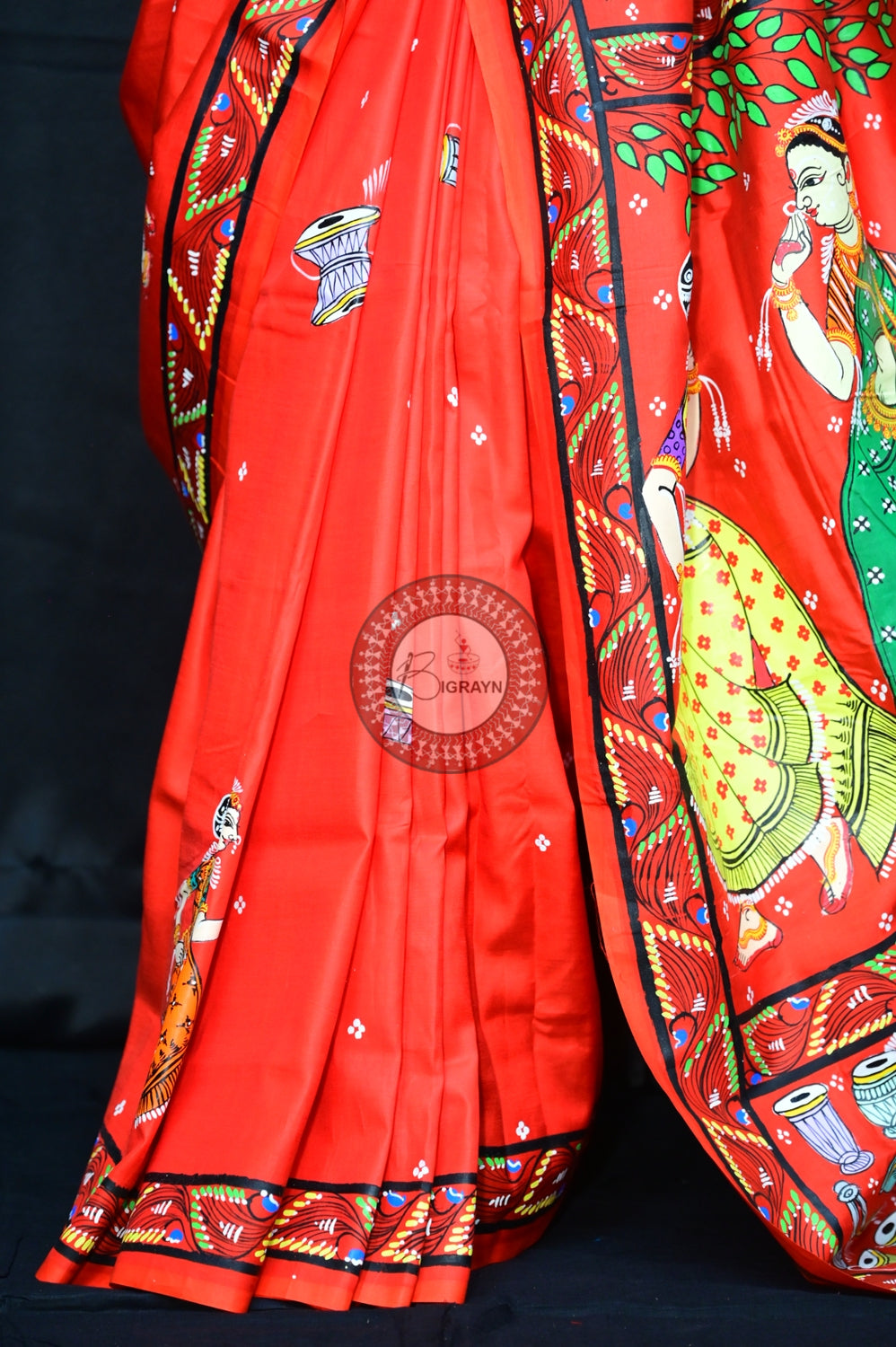 Red Odissi Dancers Pattachitra Silk Saree