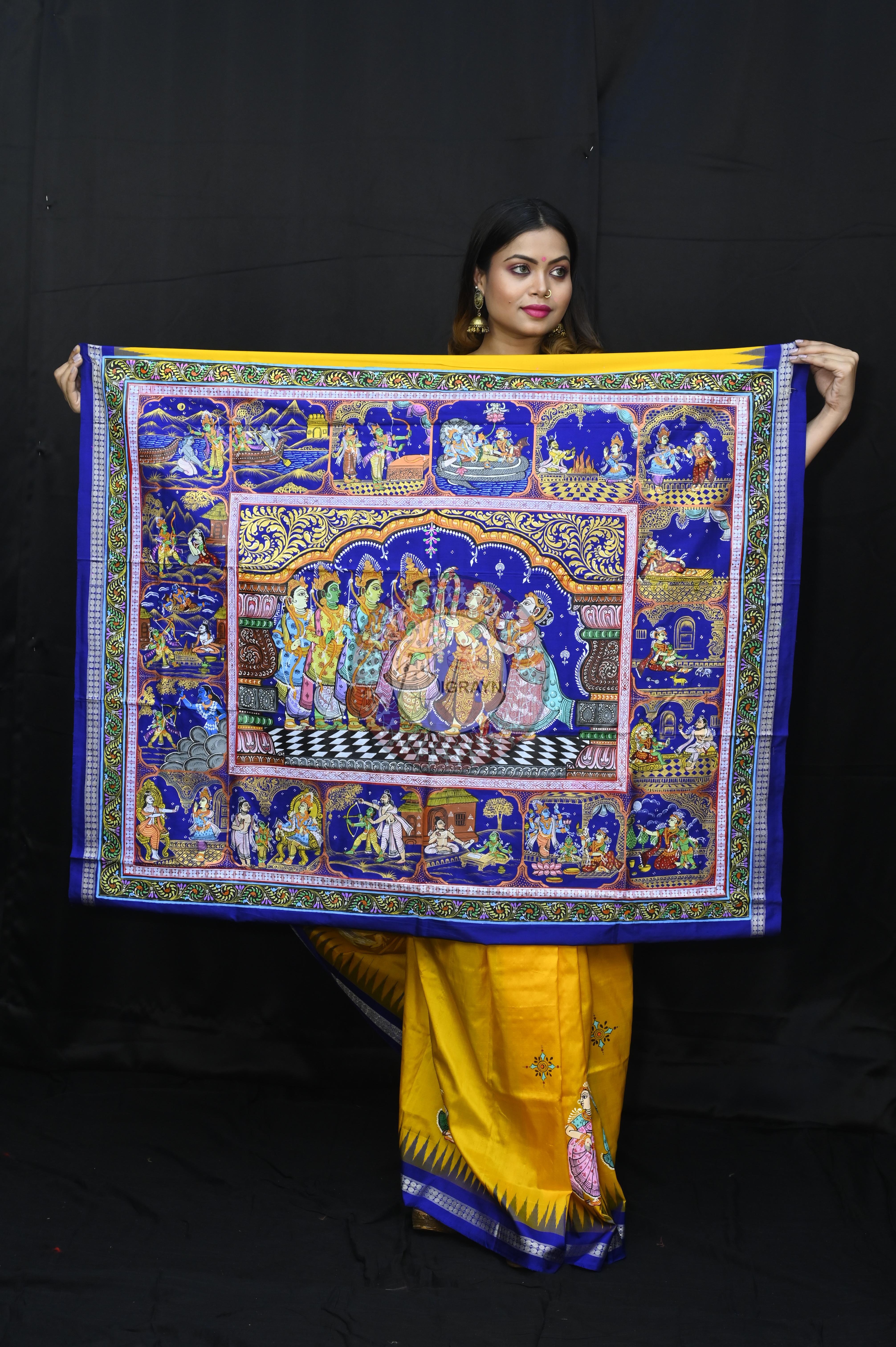 Yellow Blue Ramayana Story Theme Pattachitra Sambalpuri Silk Saree