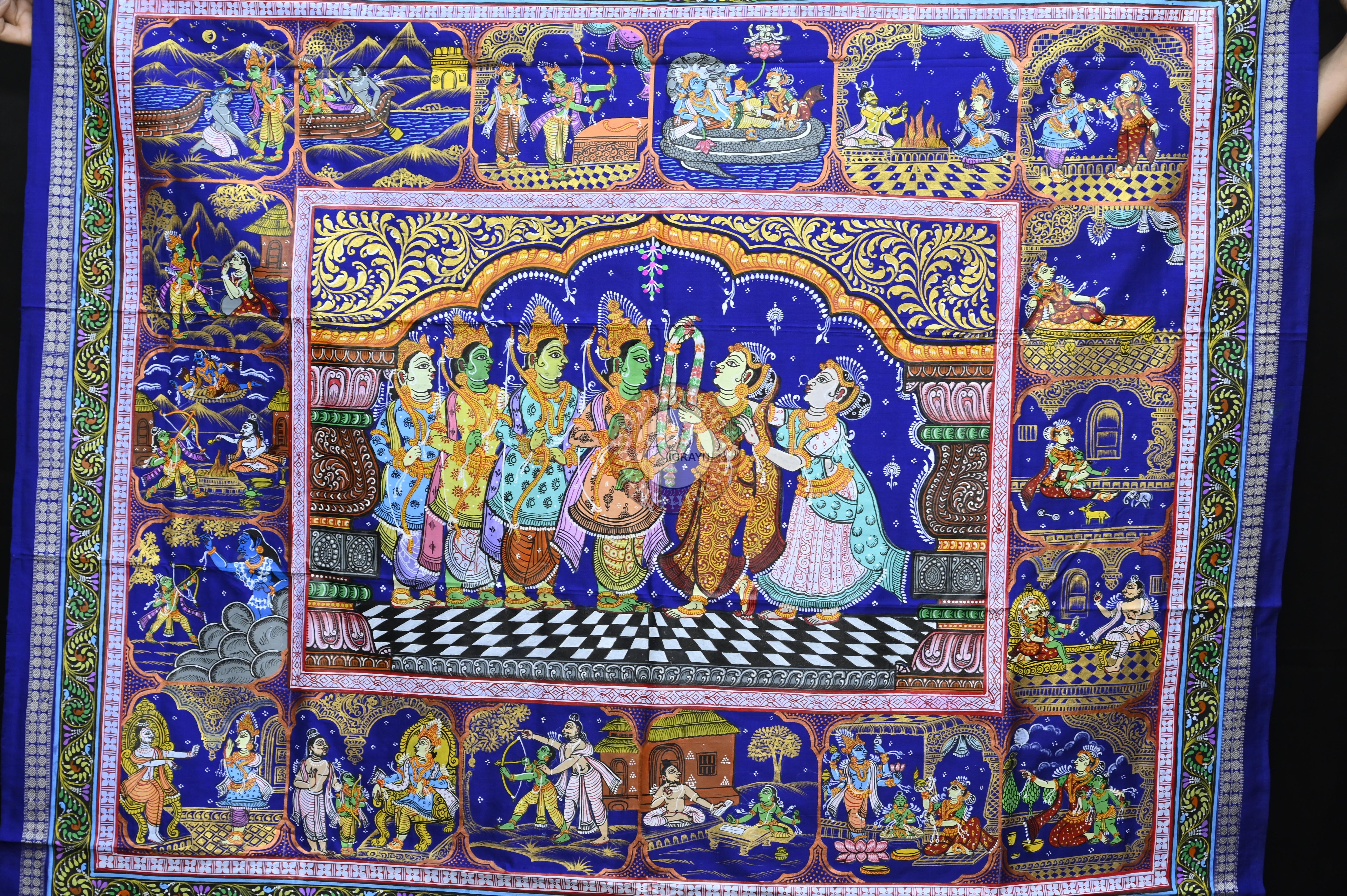 Yellow Blue Ramayana Story Theme Pattachitra Sambalpuri Silk Saree