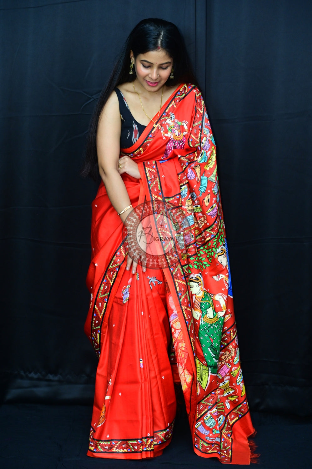 Red Odissi Dancers Pattachitra Silk Saree
