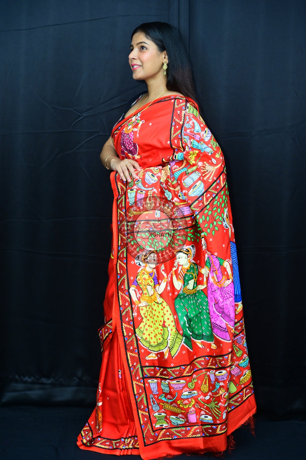Red Odissi Dancers Pattachitra Silk Saree