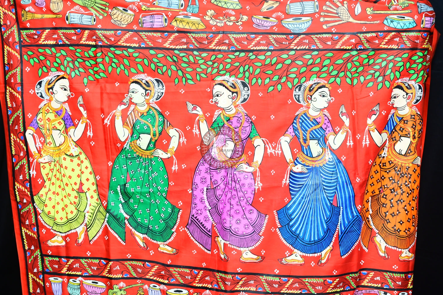 Red Odissi Dancers Pattachitra Silk Saree