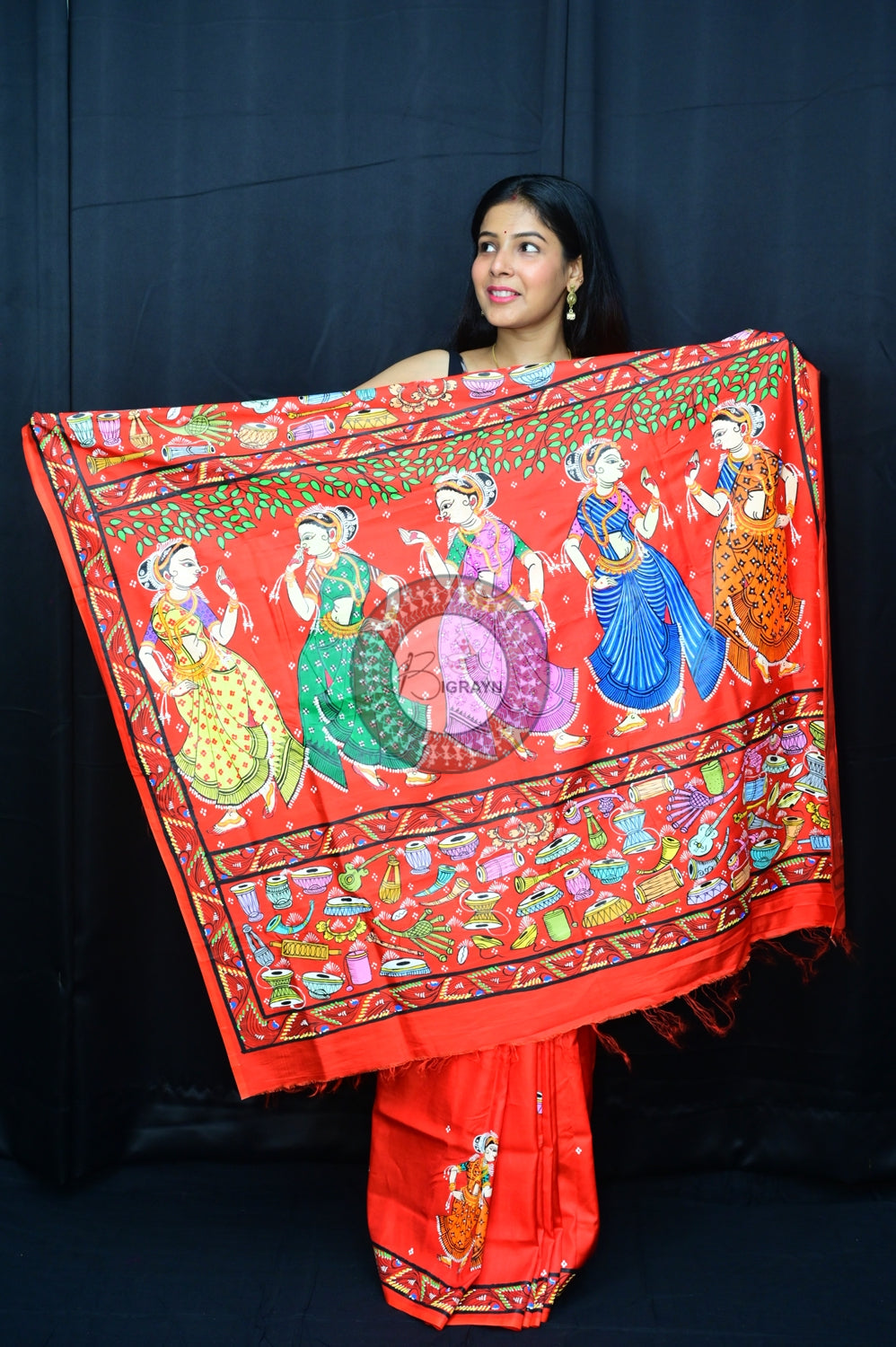 Red Odissi Dancers Pattachitra Silk Saree