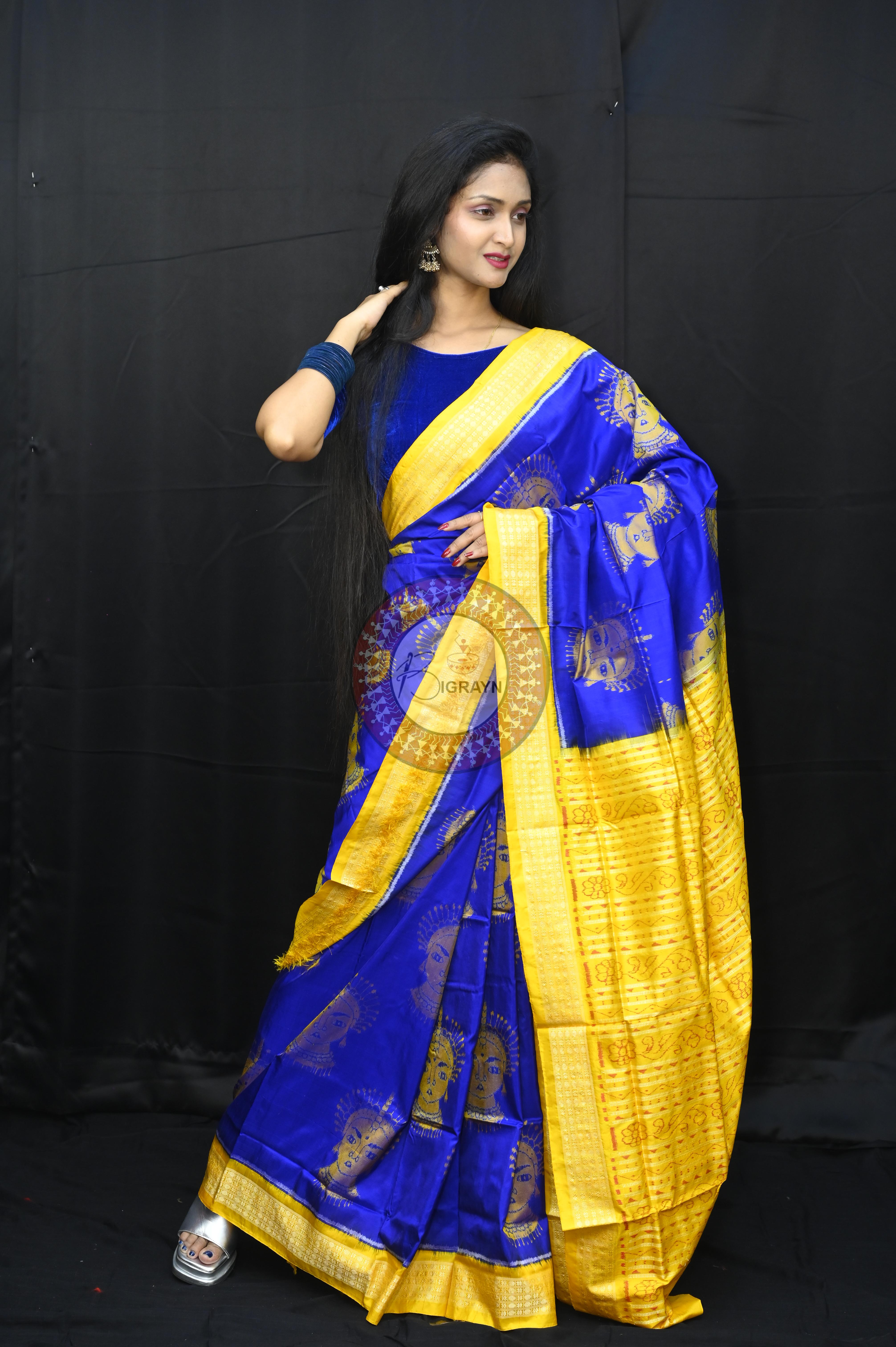 Blue Yellow Odishi Face Sambalpuri Silk Saree