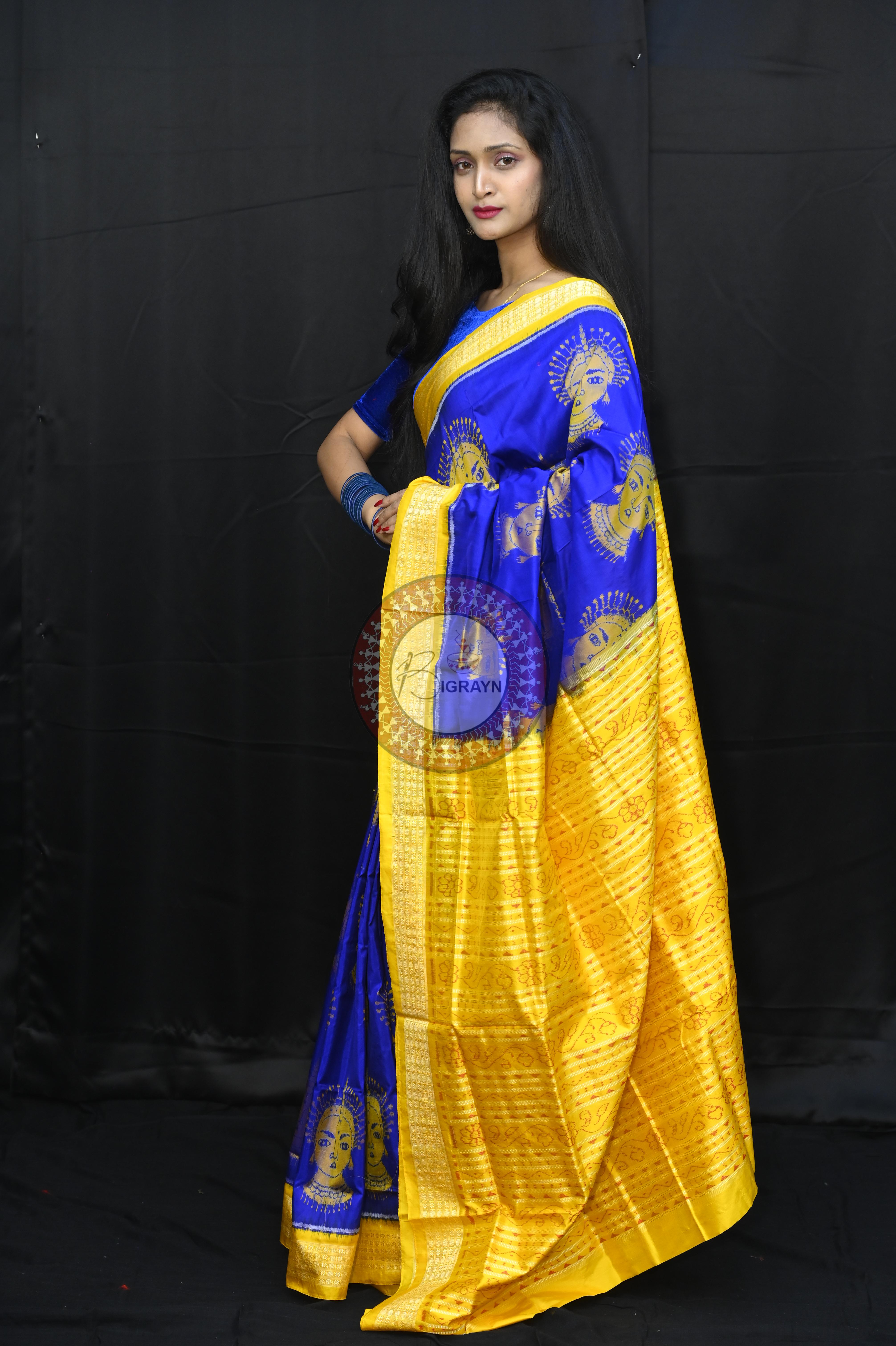 Blue Yellow Odishi Face Sambalpuri Silk Saree