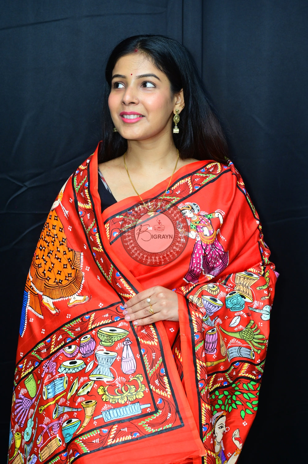 Red Odissi Dancers Pattachitra Silk Saree