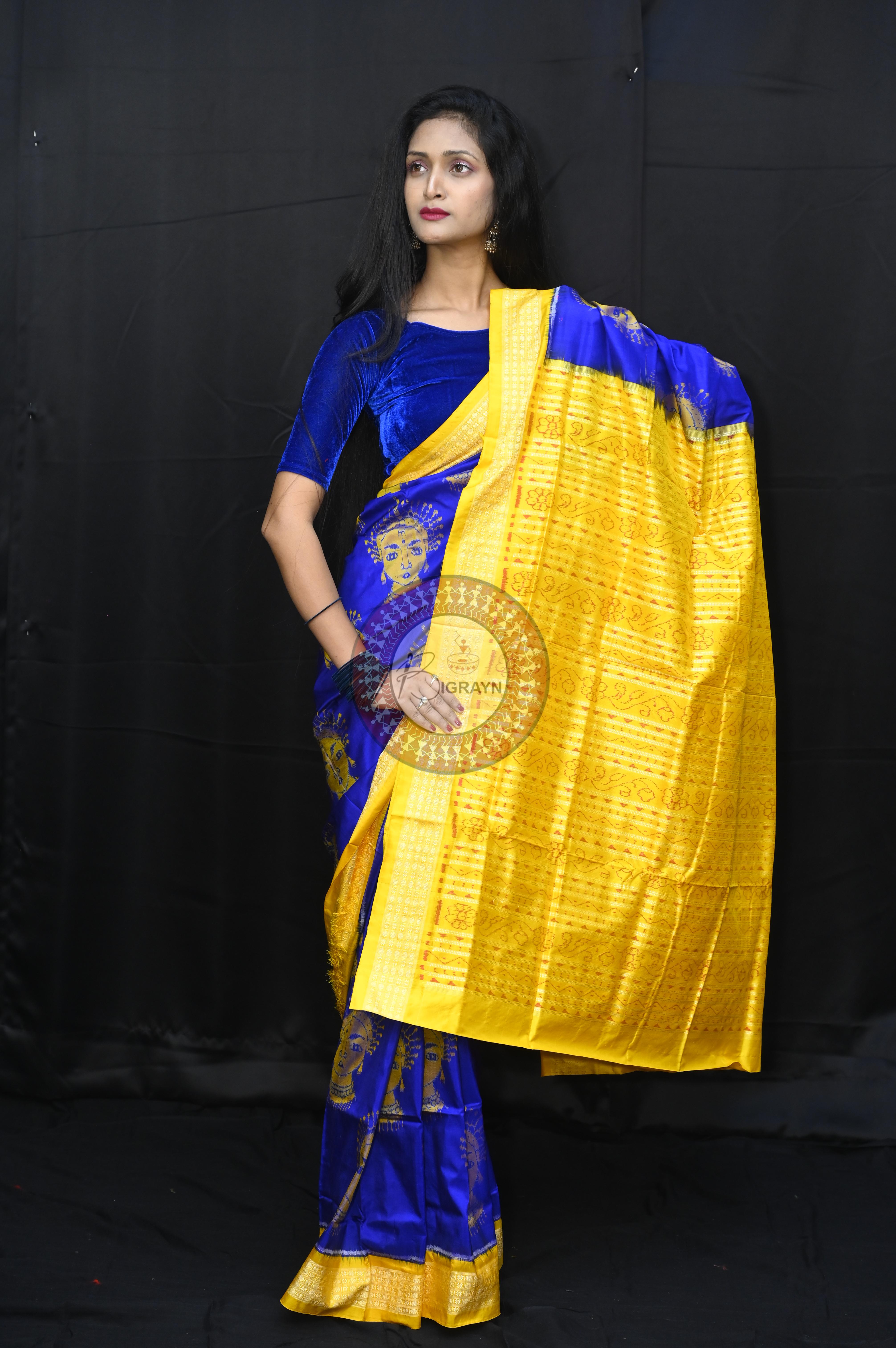 Blue Yellow Odishi Face Sambalpuri Silk Saree