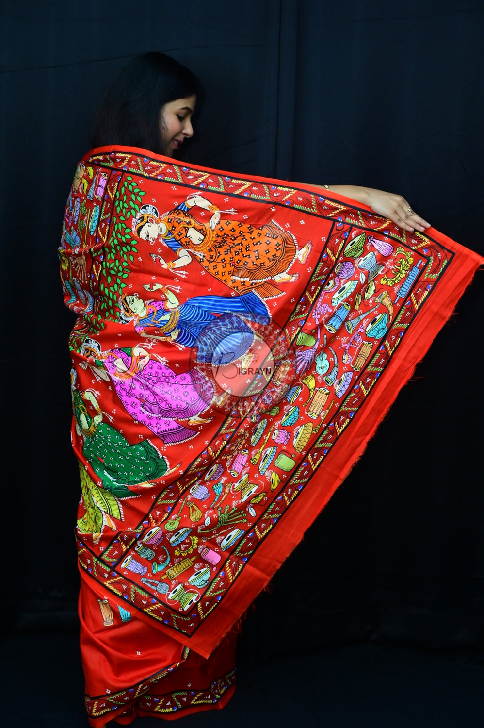Red Odissi Dancers Pattachitra Silk Saree