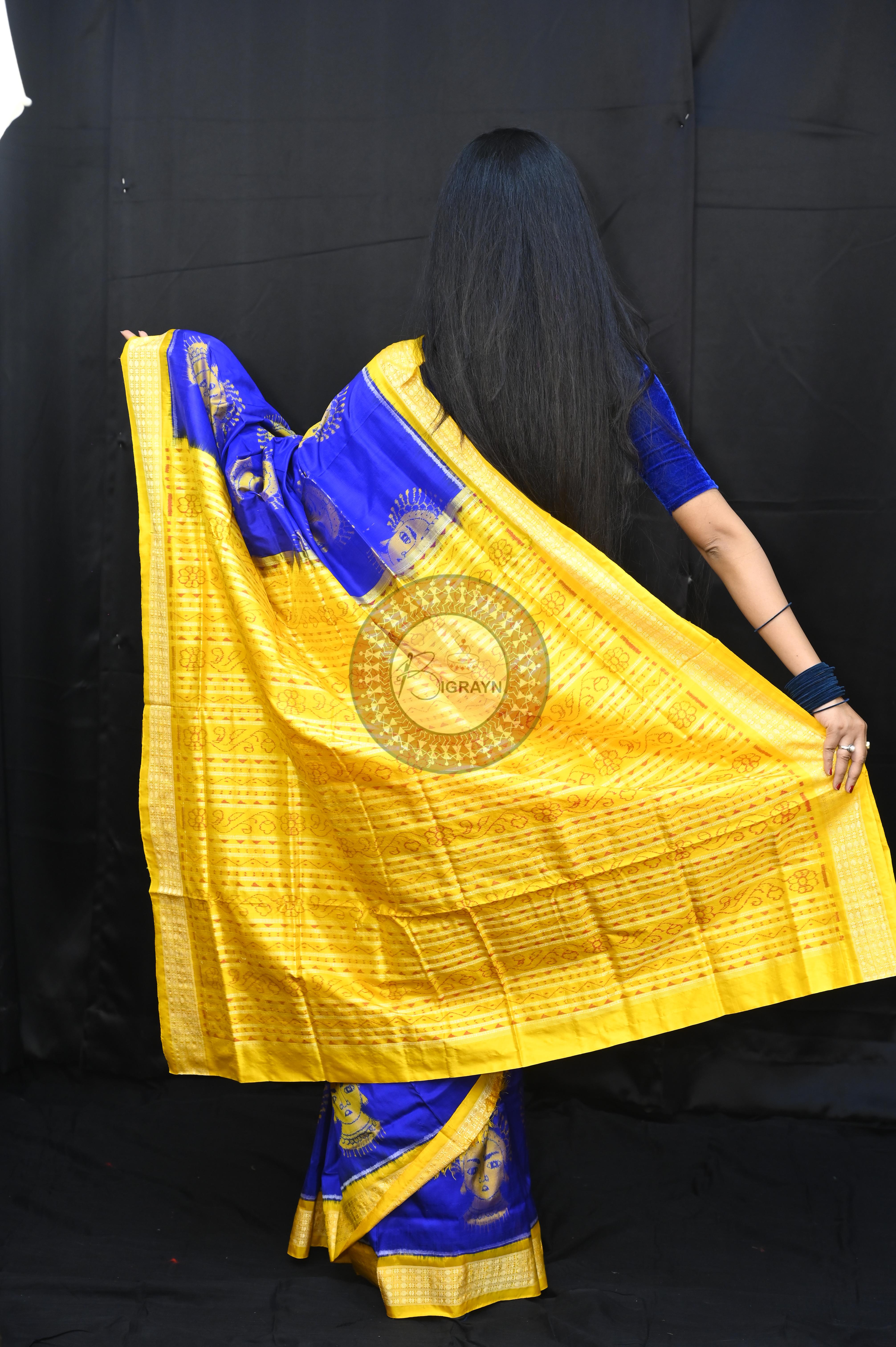 Blue Yellow Odishi Face Sambalpuri Silk Saree