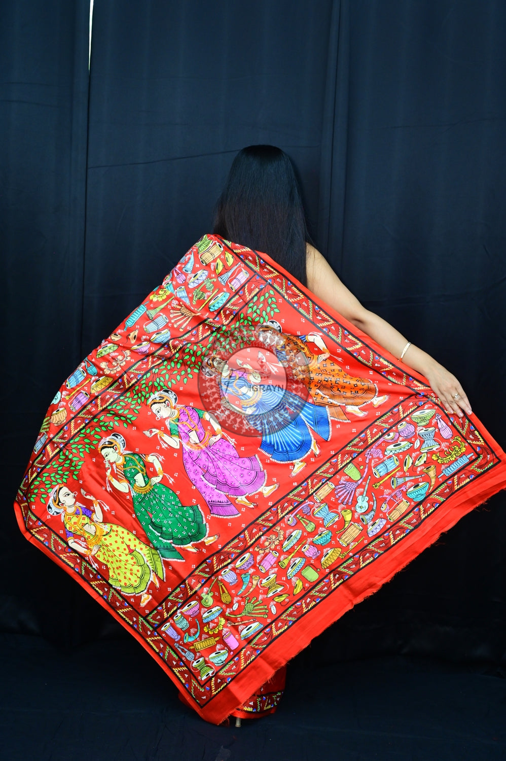 Red Odissi Dancers Pattachitra Silk Saree