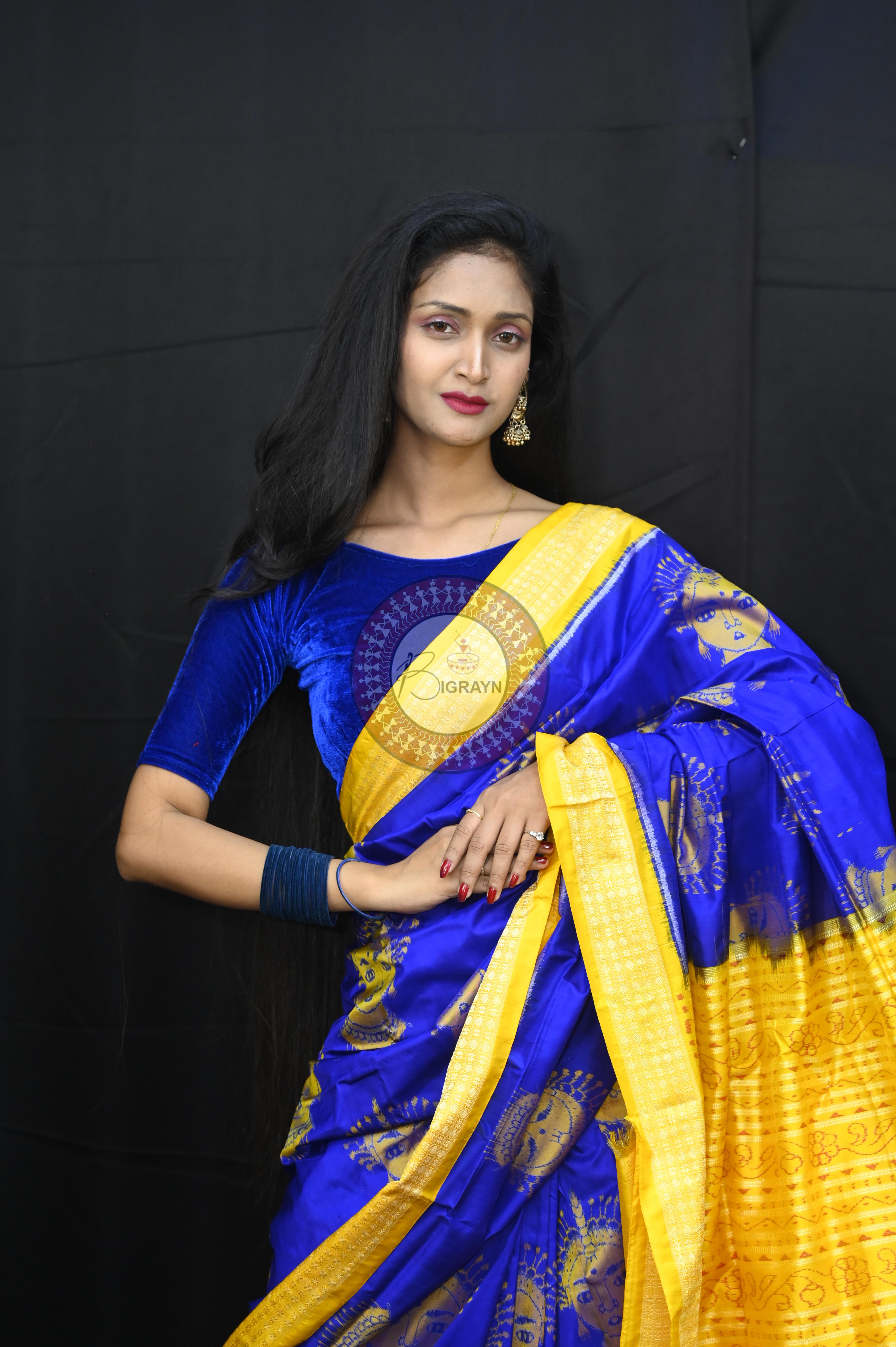 Blue Yellow Odishi Face Sambalpuri Silk Saree