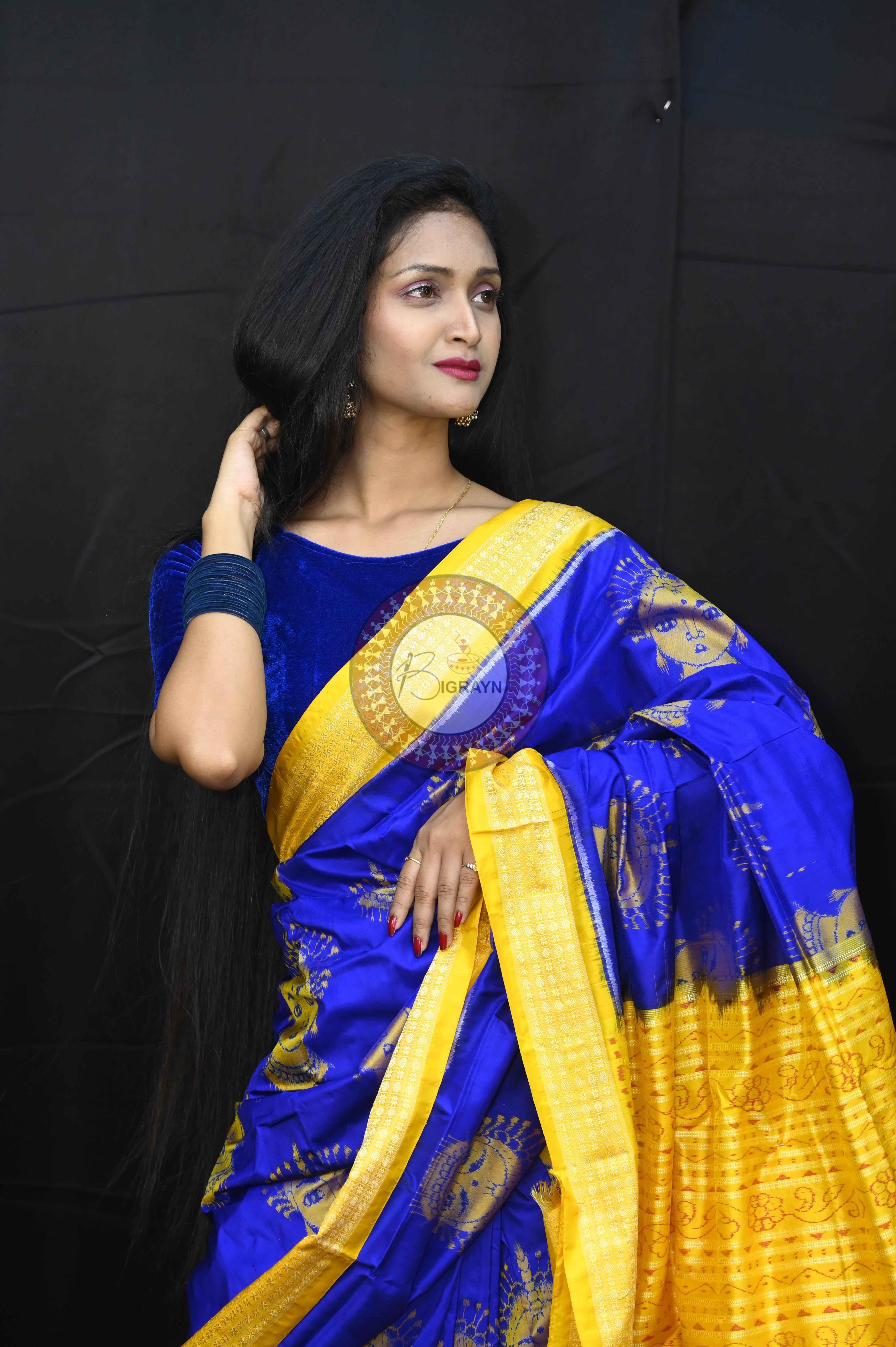 Blue Yellow Odishi Face Sambalpuri Silk Saree