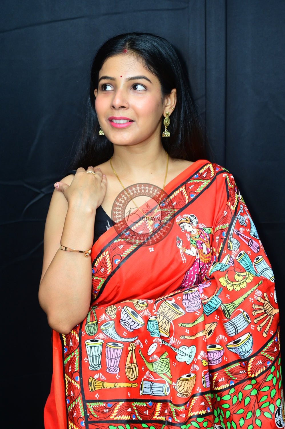 Red Odissi Dancers Pattachitra Silk Saree