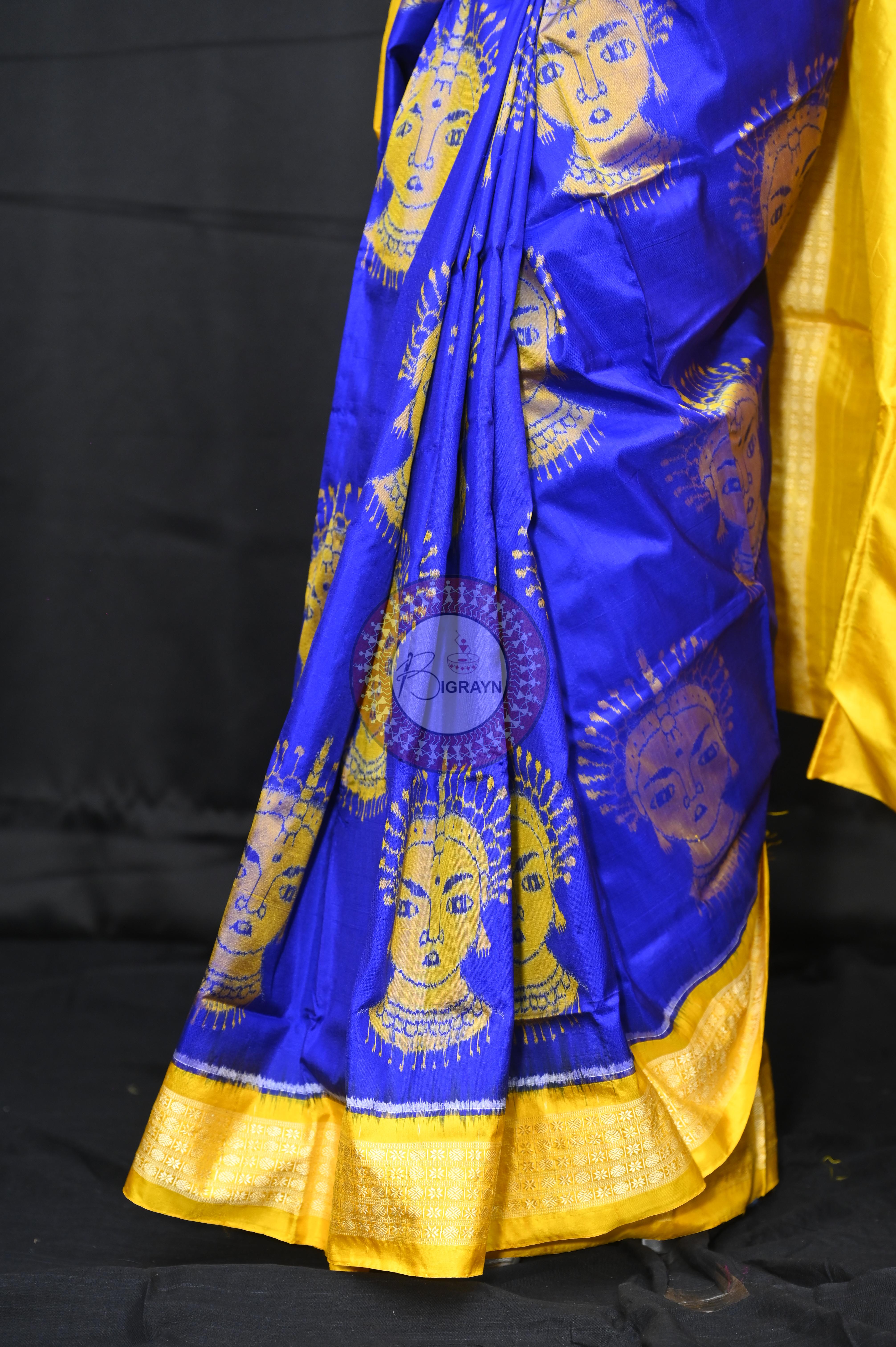 Blue Yellow Odishi Face Sambalpuri Silk Saree